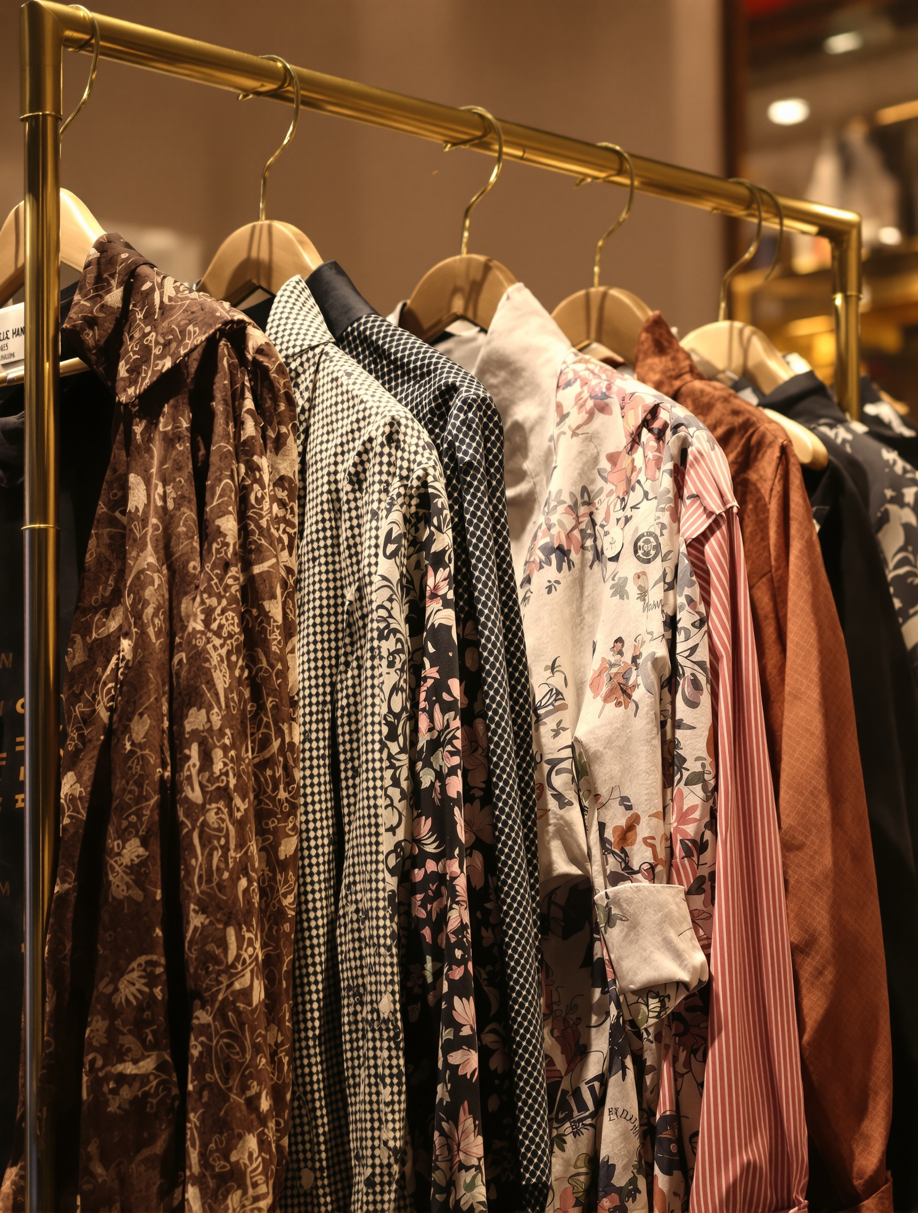 Une sélection de vêtements vintage de qualité chez Marbles Vintage, avec des pièces de créateurs bien mises en valeur sur des cintres, évoquant une boutique de luxe.