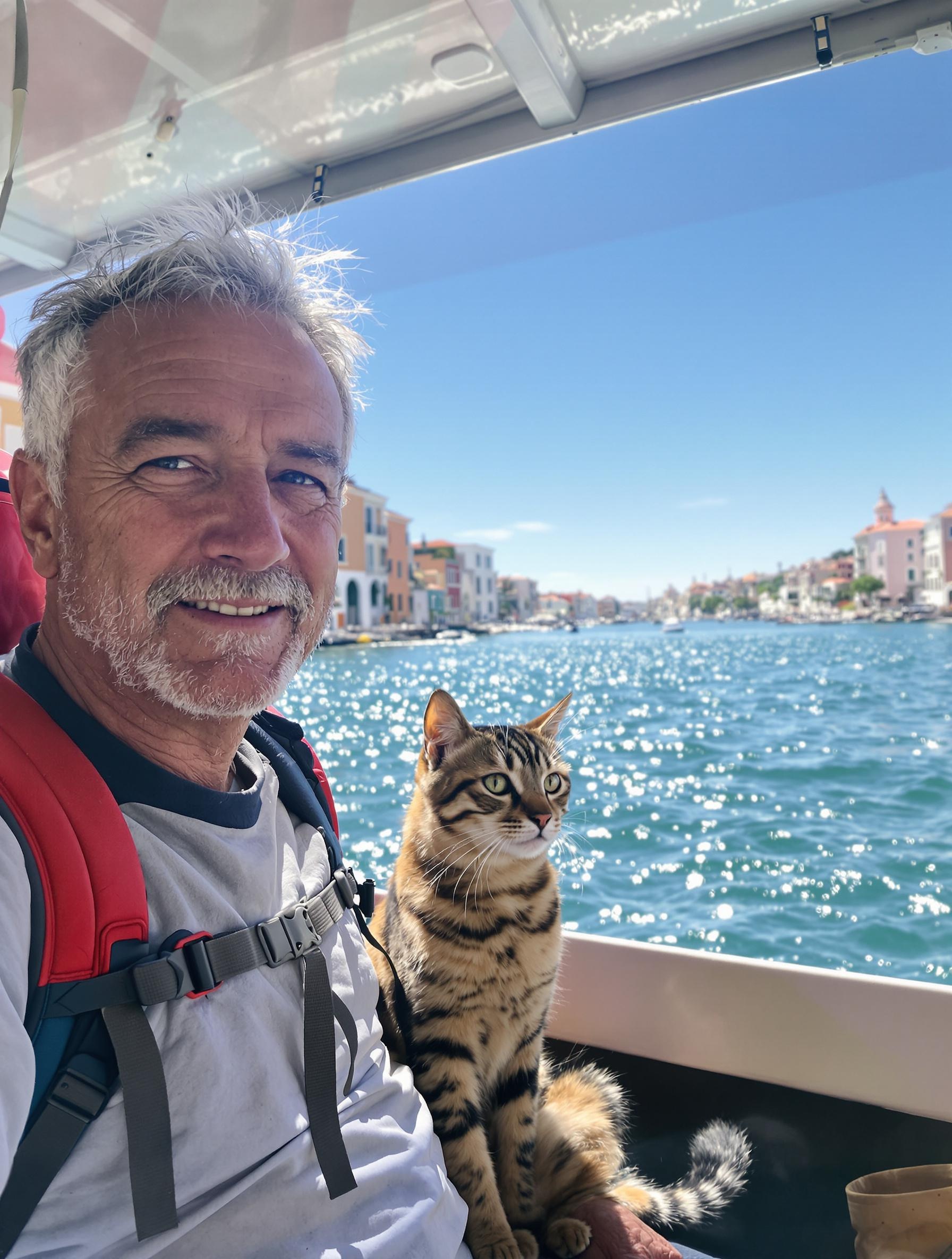 Un senior aventurier accompagné de son chat Bengal sur un vaporetto traversant la lagune vénitienne
