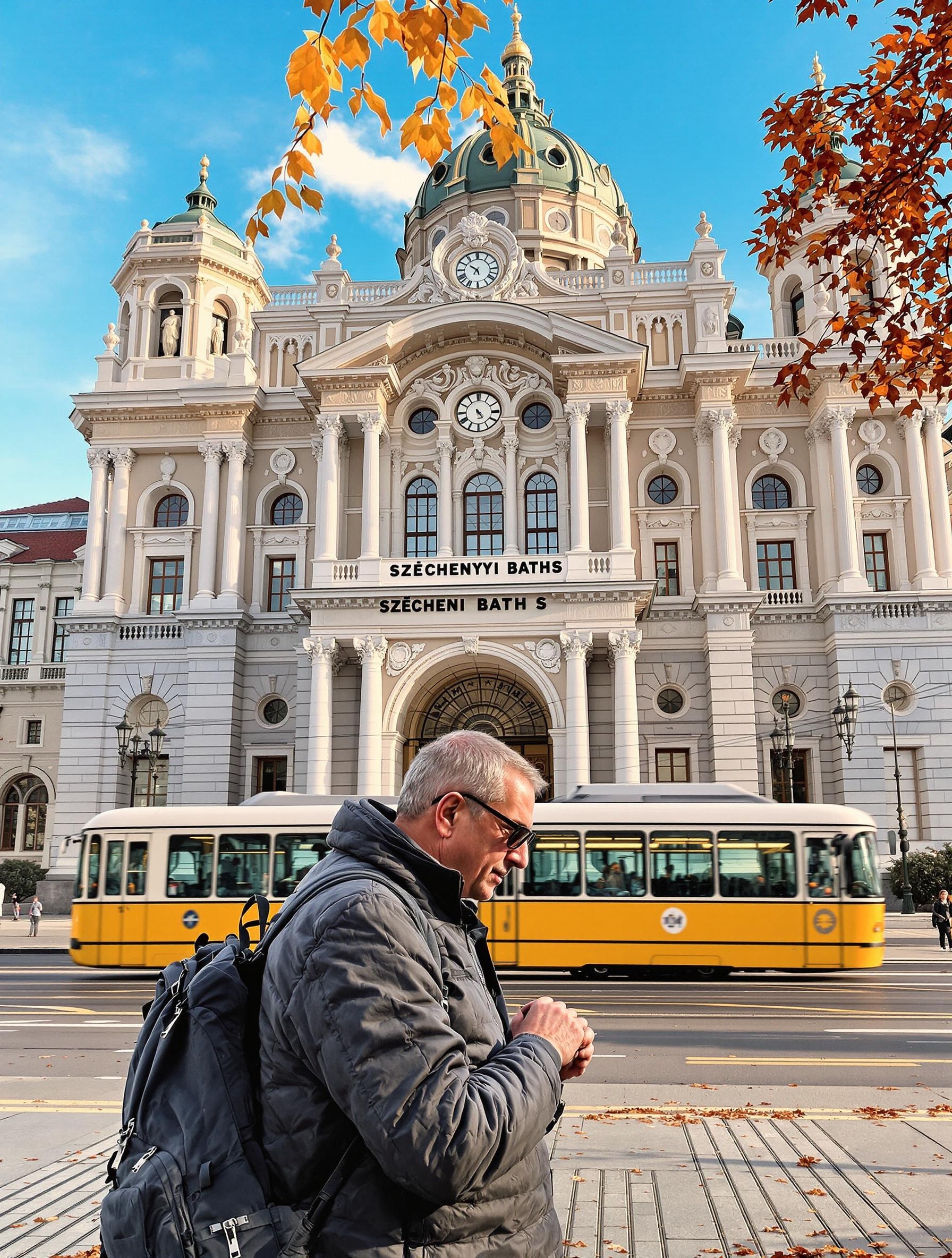 Un senior devant les bains Széchenyi et un tram jaune à Budapest.