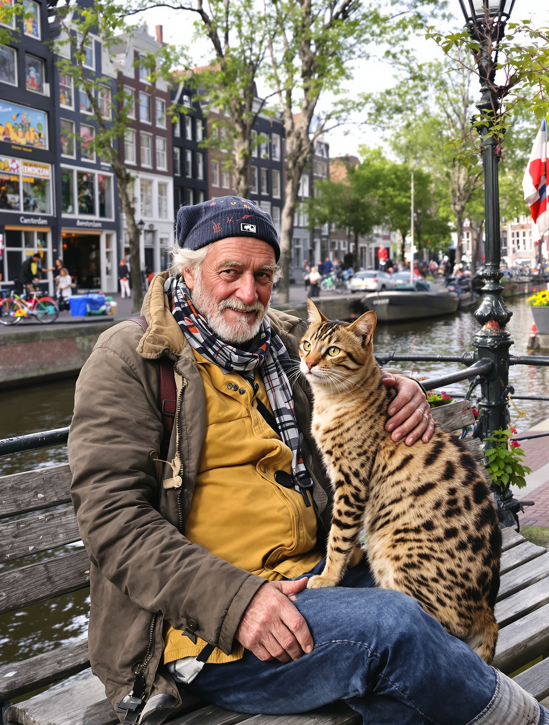 Senior baroudeur et chat Bengal sur un banc près d'un canal à Amsterdam, observant des passants créatifs et alternatifs.