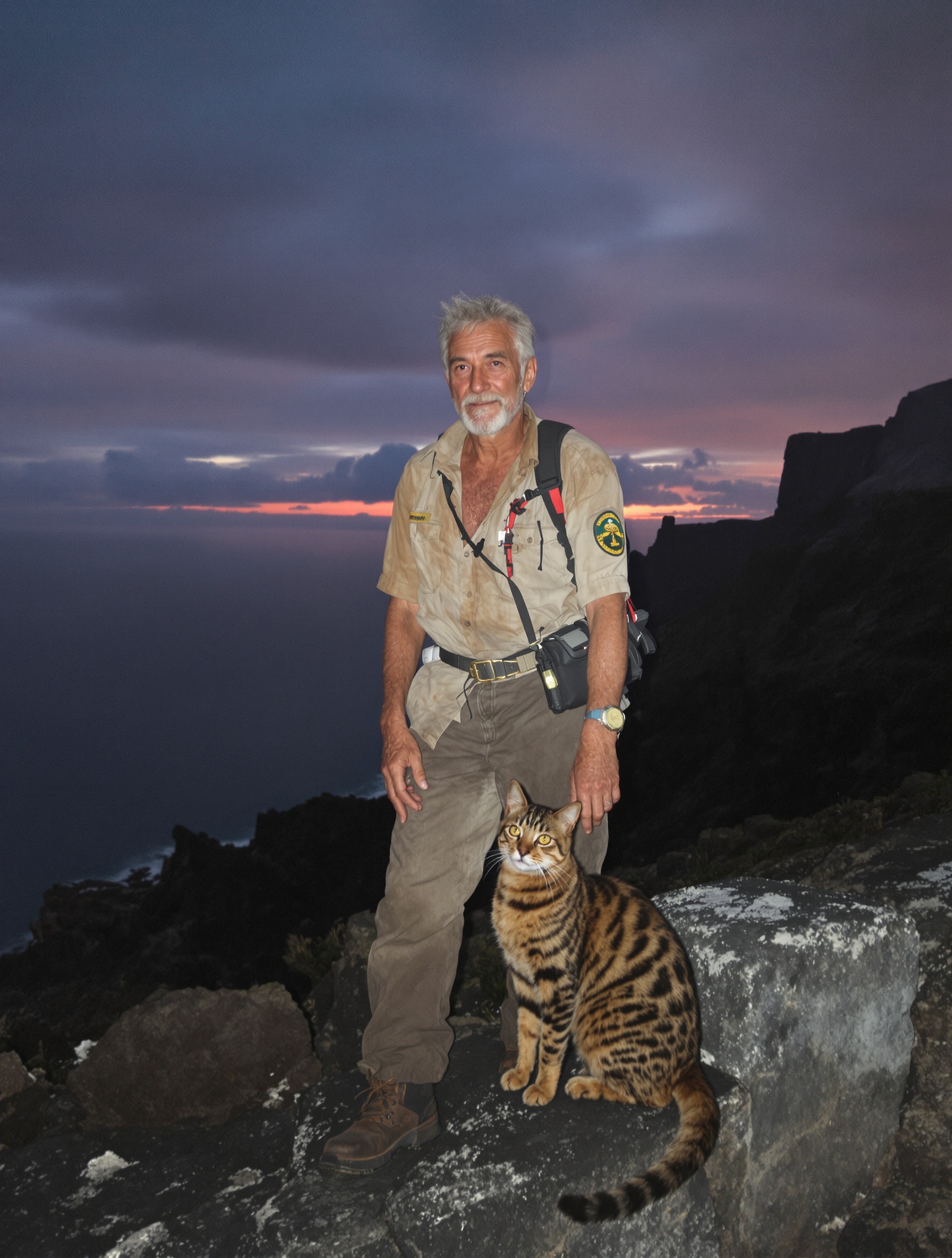 Un senior baroudeur accompagné de son chat Bengal contemple le littoral volcanique de l'île de l'Ascension au crépuscule, aucune commodité en vue.