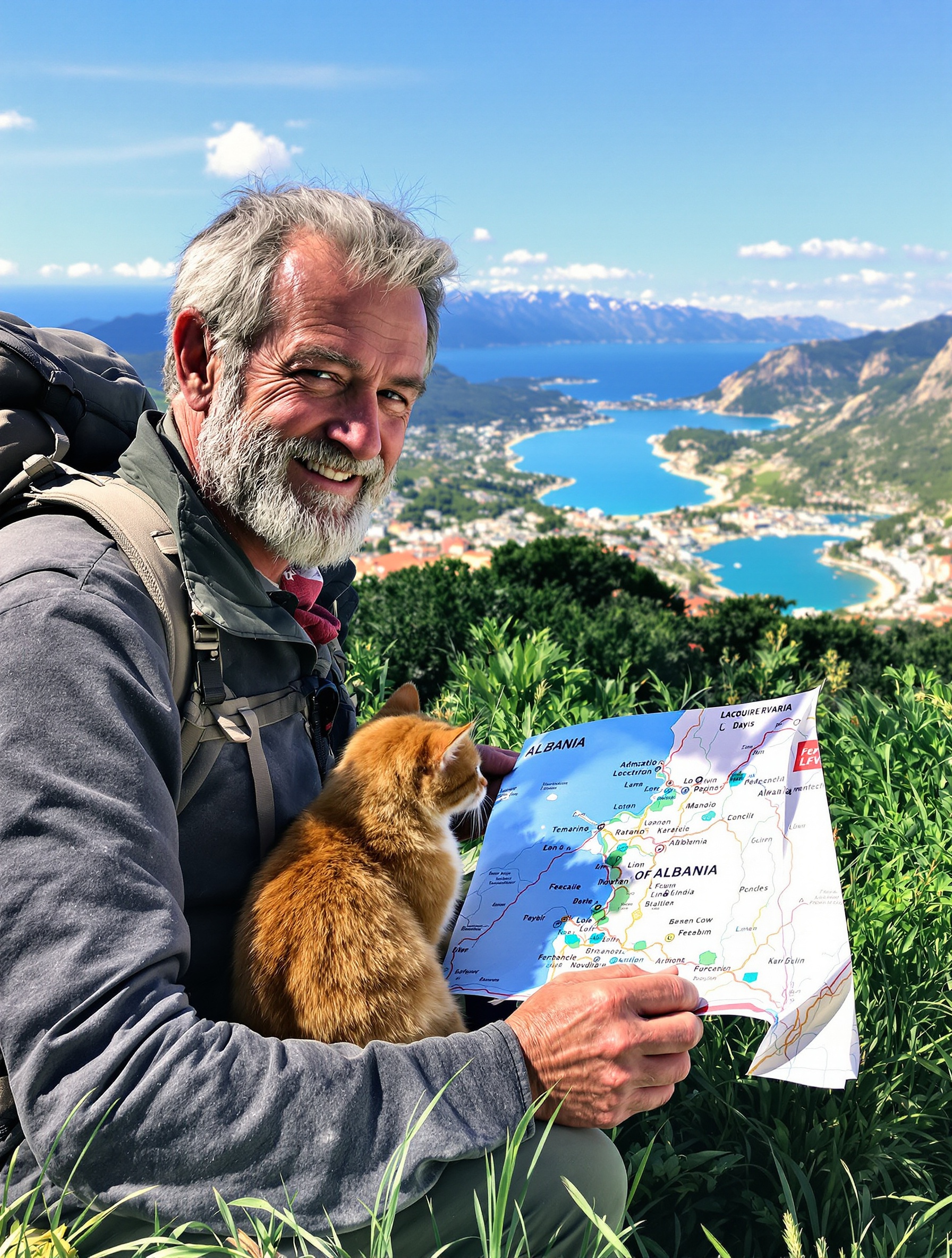 Victor Marleau et Polux contemplant la carte de l'Albanie avec vue sur littoral adriatique et montagnes