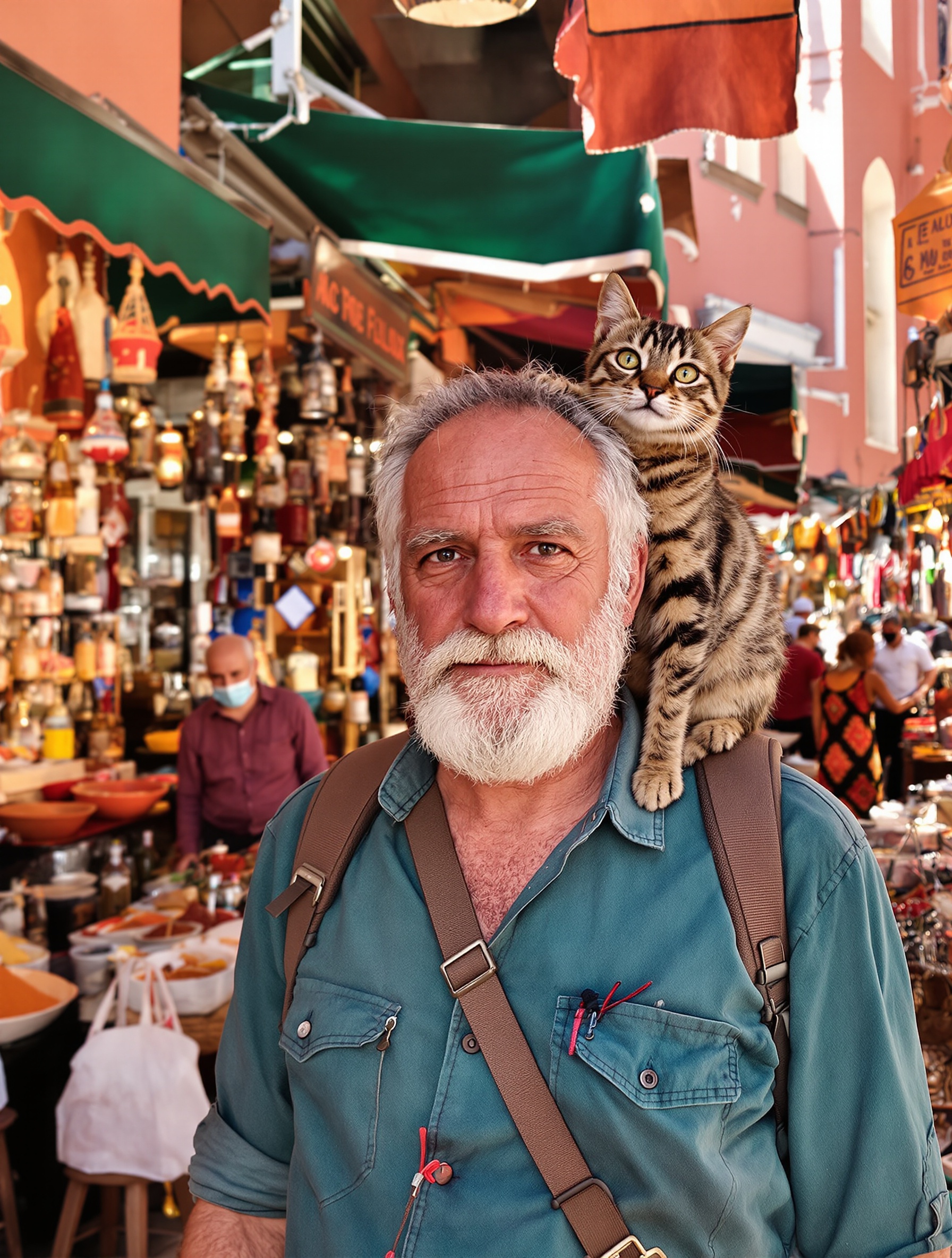 Baroudeur senior dans les souks de Marrakech avec chat Bengal