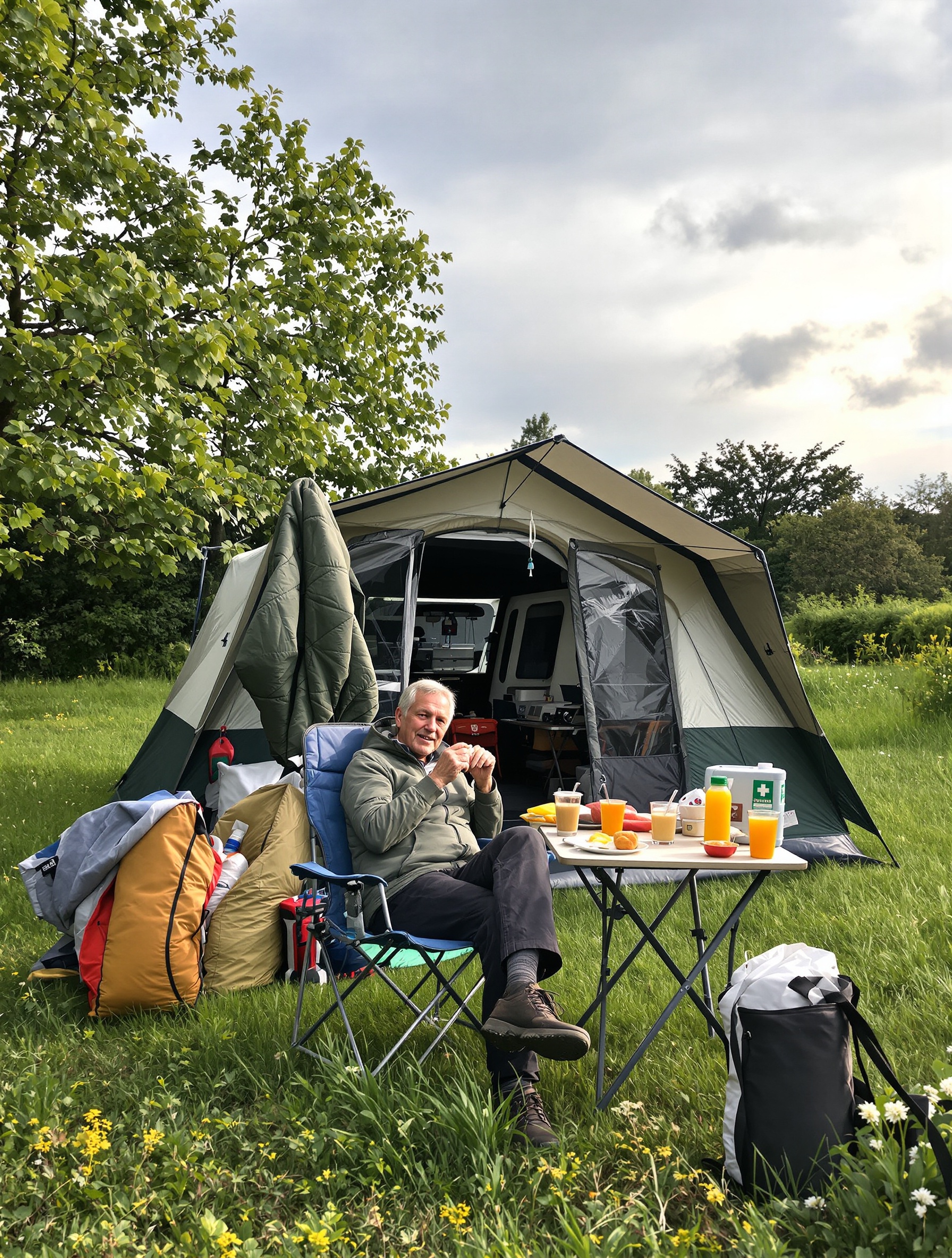 Campeur senior prenant son petit-déjeuner devant sa tente dans un camping verdoyant proche d'Amsterdam.