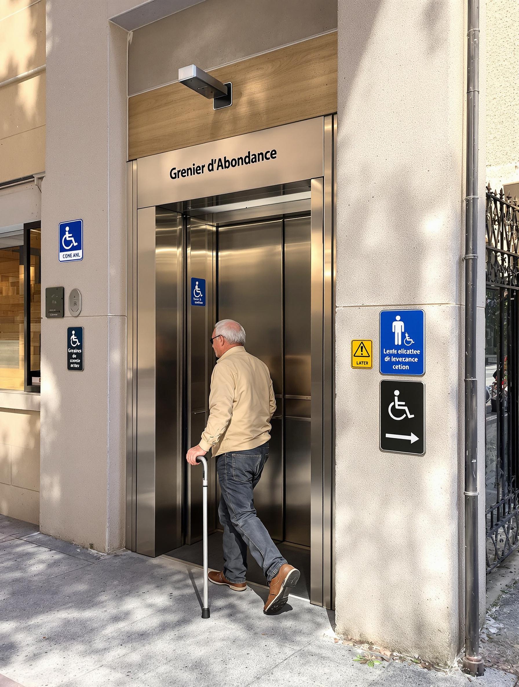 Senior avec canne utilisant l'ascenseur public Grenier d'Abondance à la Croix-Rousse