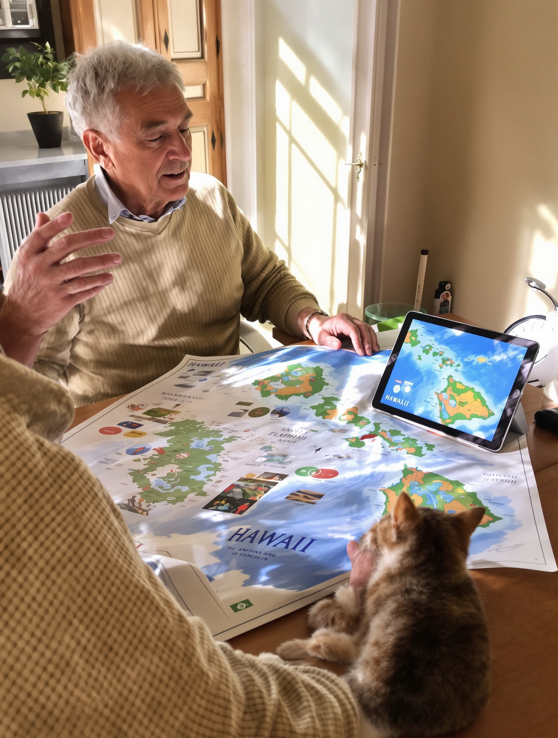 Comparaison entre une carte papier et numérique d'Hawaï avec un chat nommé Polux