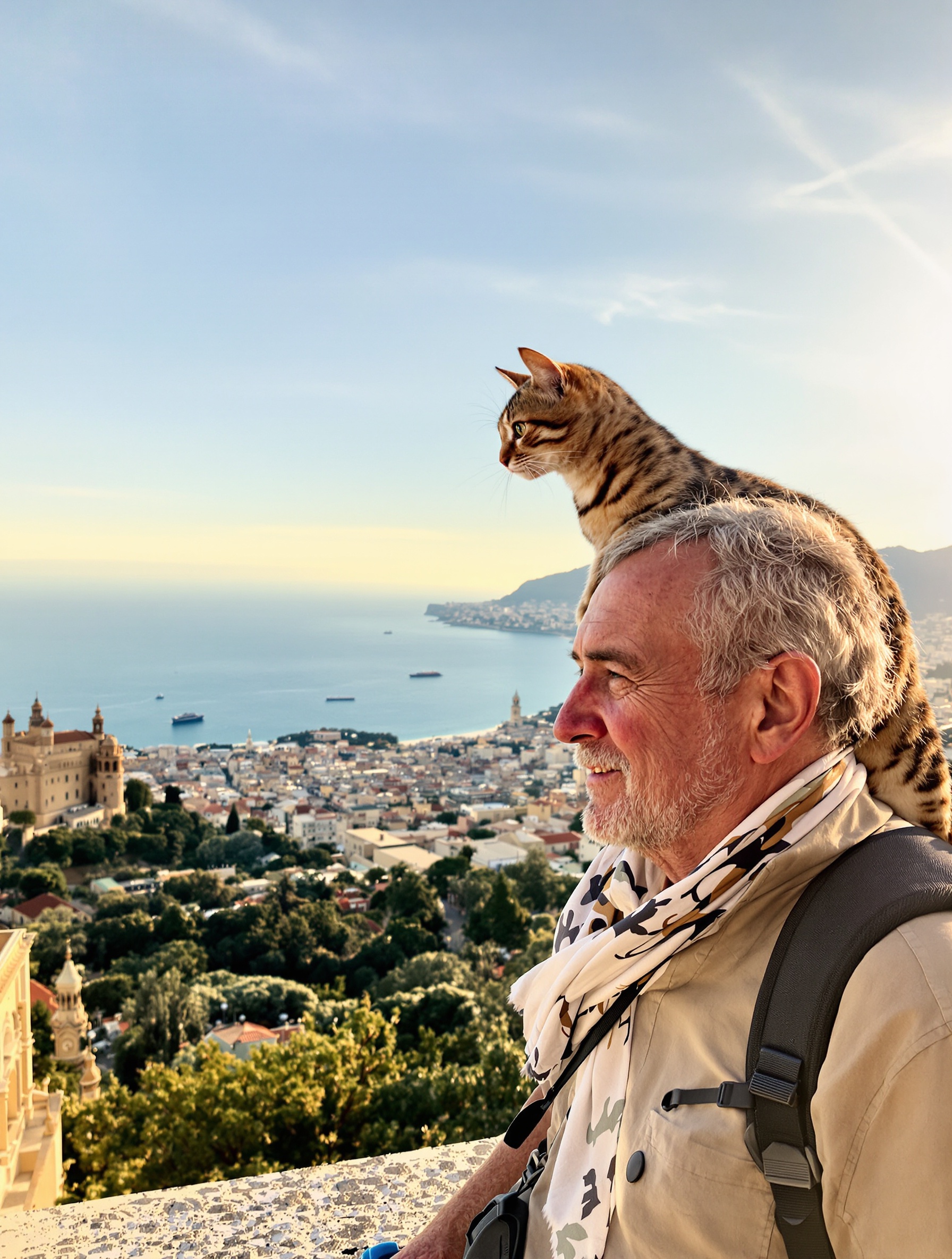 senior avec chat Bengal profitant de la vue panoramique du Castel Sant'Elmo