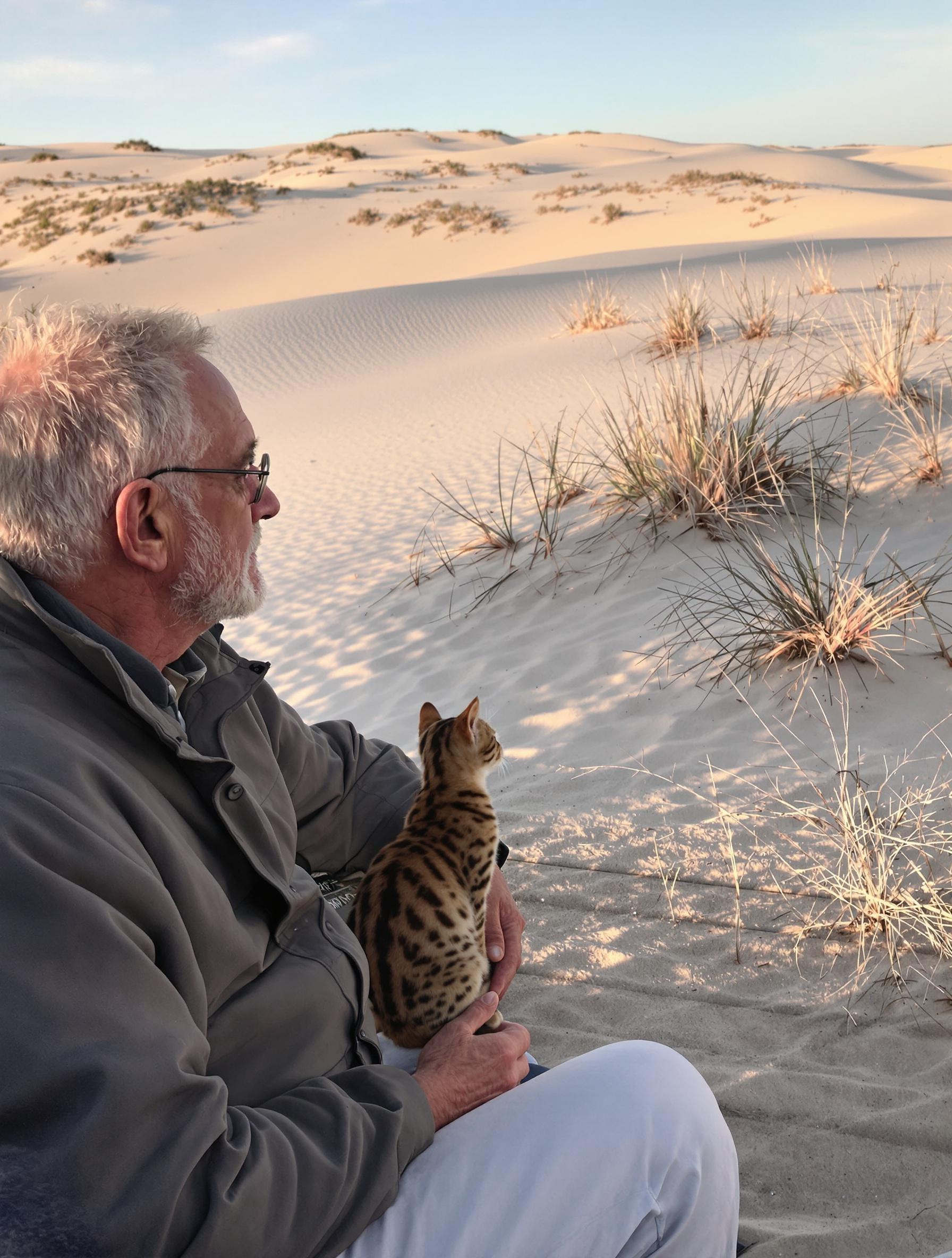 Senior et chat Bengal contemplant les dunes calmes de l’Espiguette avec accès PMR visible