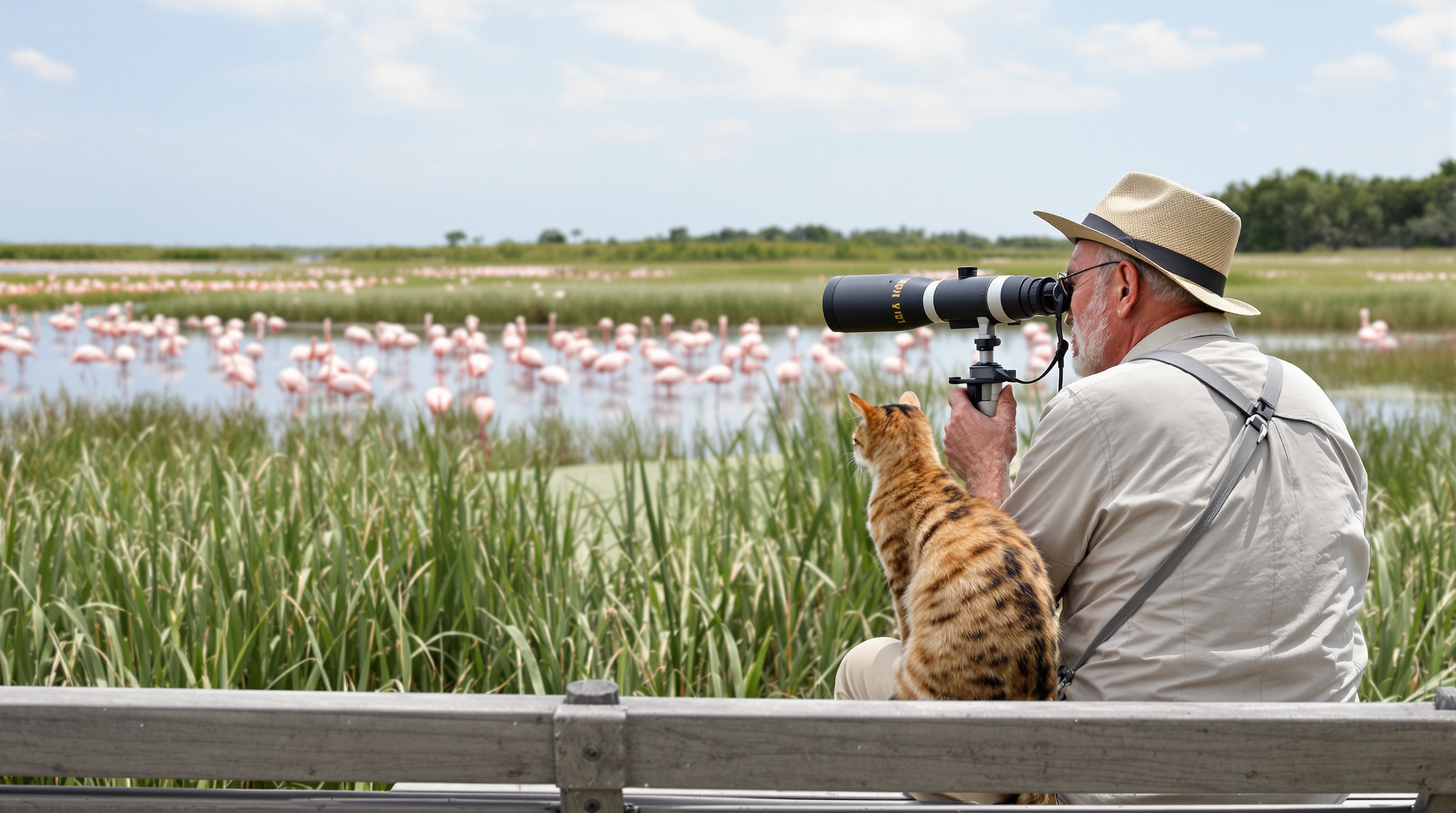 Senior et chat Bengal observant les flamants roses au Parc Ornithologique du Pont de Gau