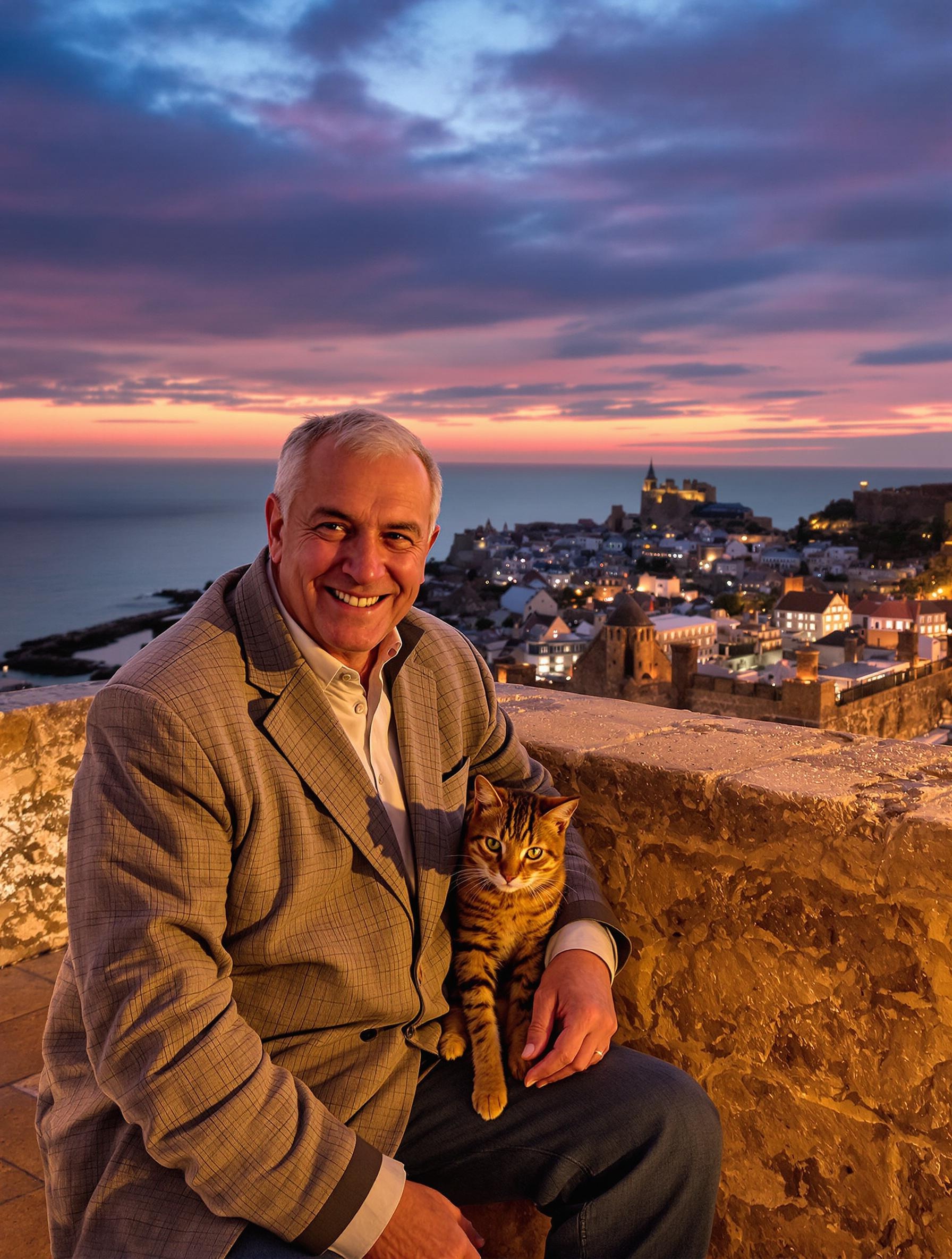 Un senior et un chat Bengal sur les remparts au crépuscule à Saint-Malo.