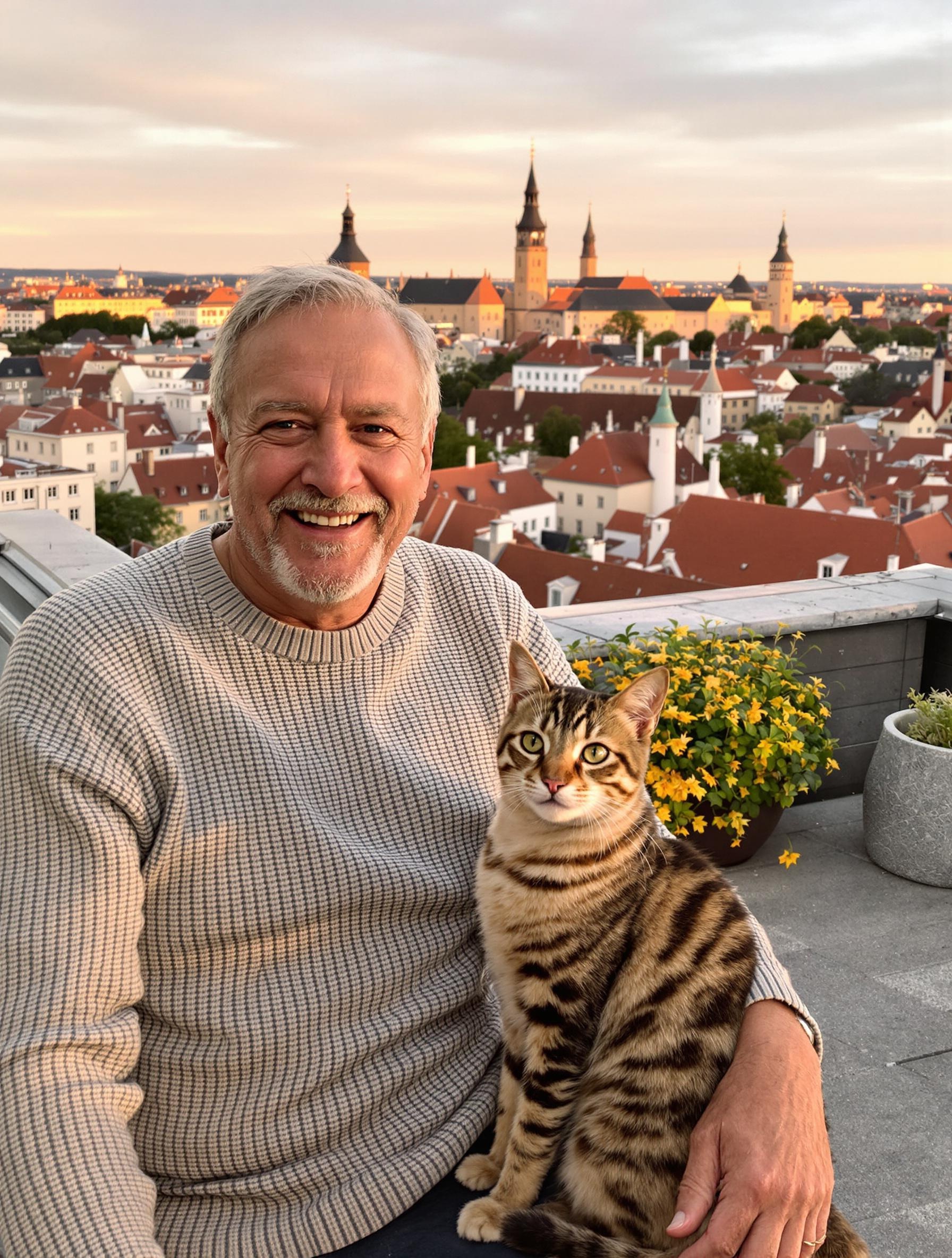 Senior souriant avec son chat Bengal Polux devant Tallinn au coucher du soleil