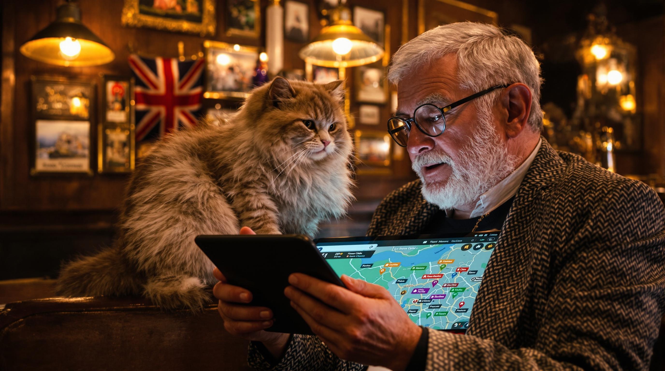 Senior aux cheveux argentés manipulant carte interactive Londres avec chat, ambiance pub.