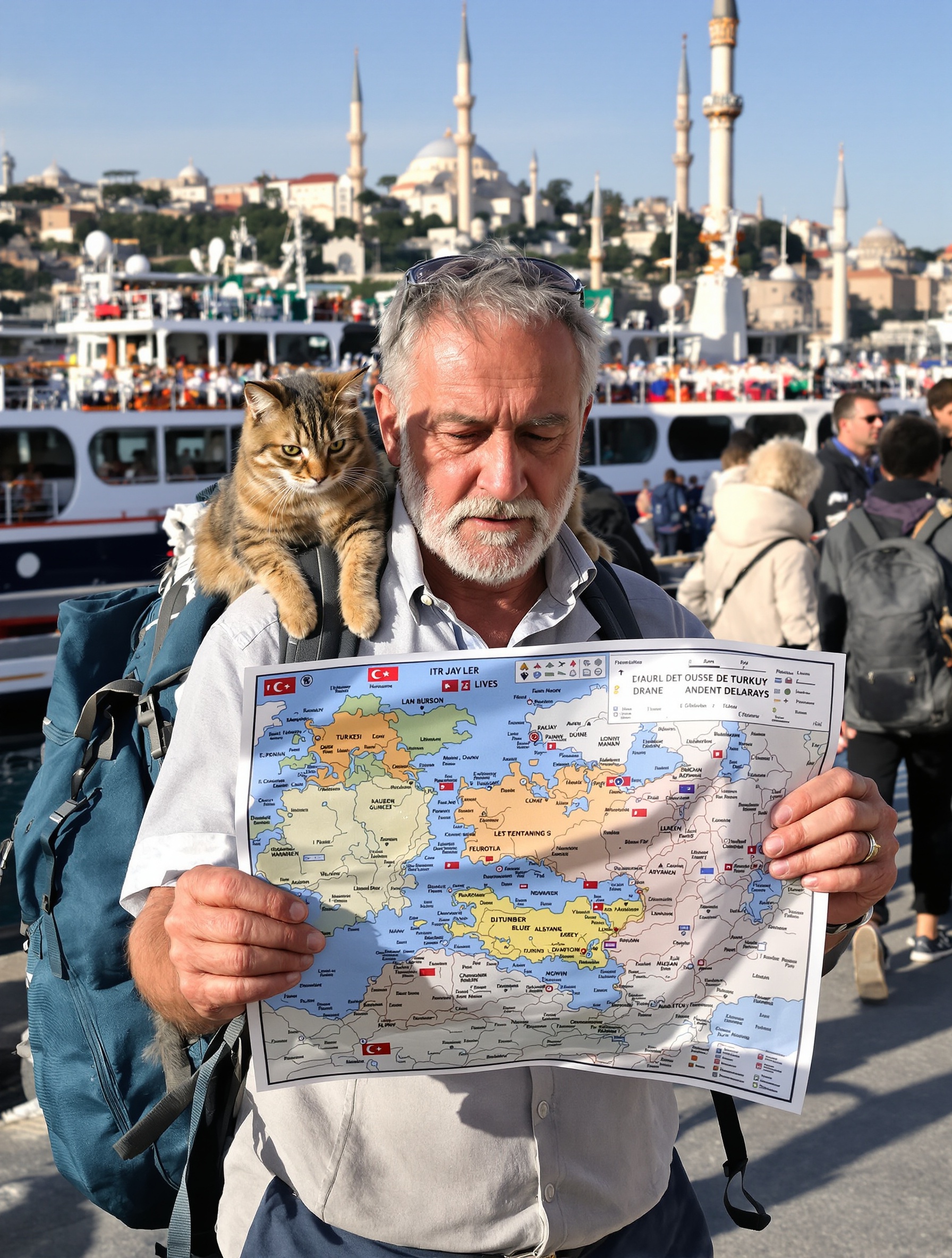 Senior baroudeur et chat analysant une carte de la Turquie sur un quai d’Istanbul