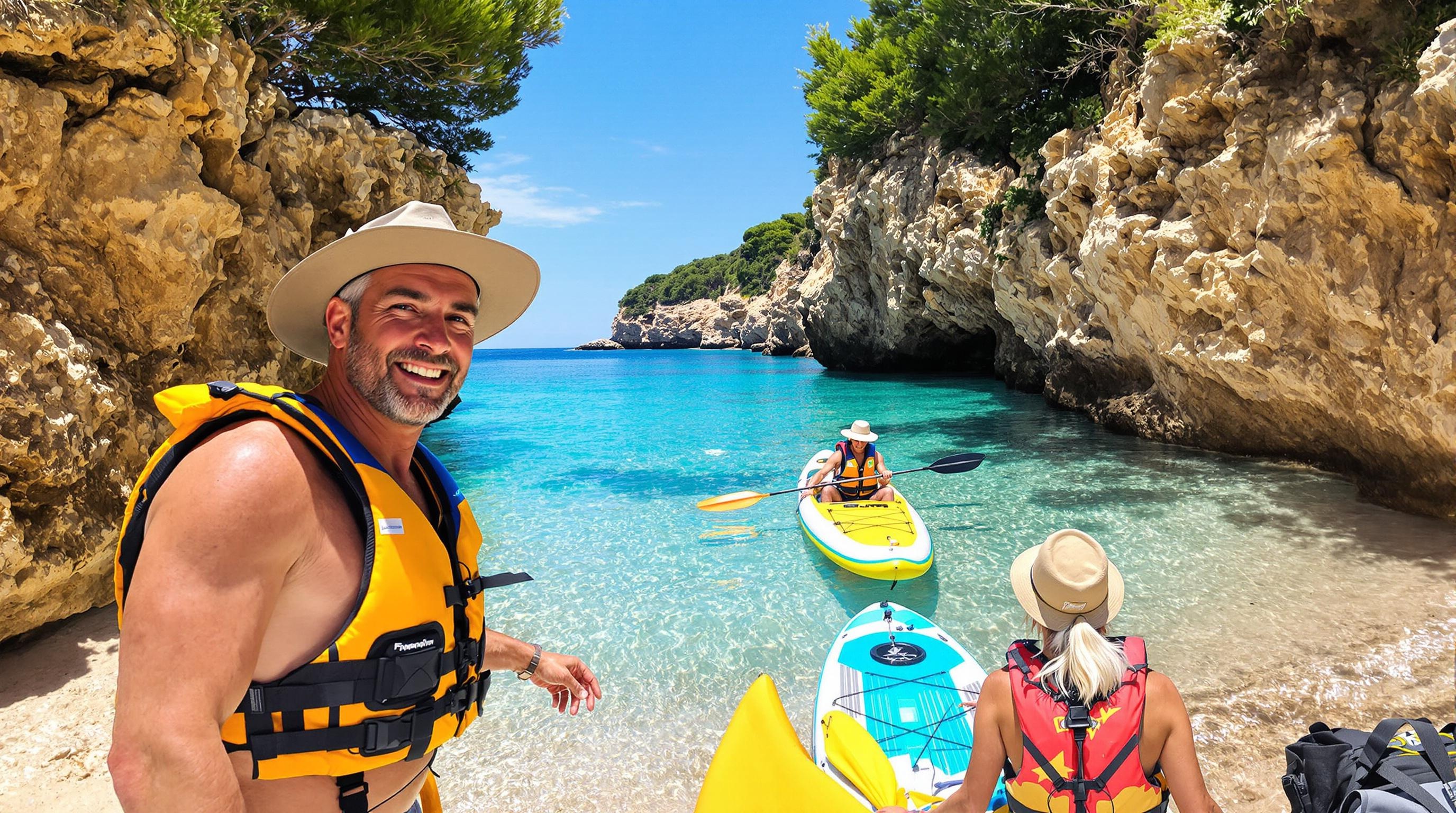 senior couple launching kayak and stand-up paddle from a sandy cove near La Ciotat, turquoise water, sun hats, safety vests