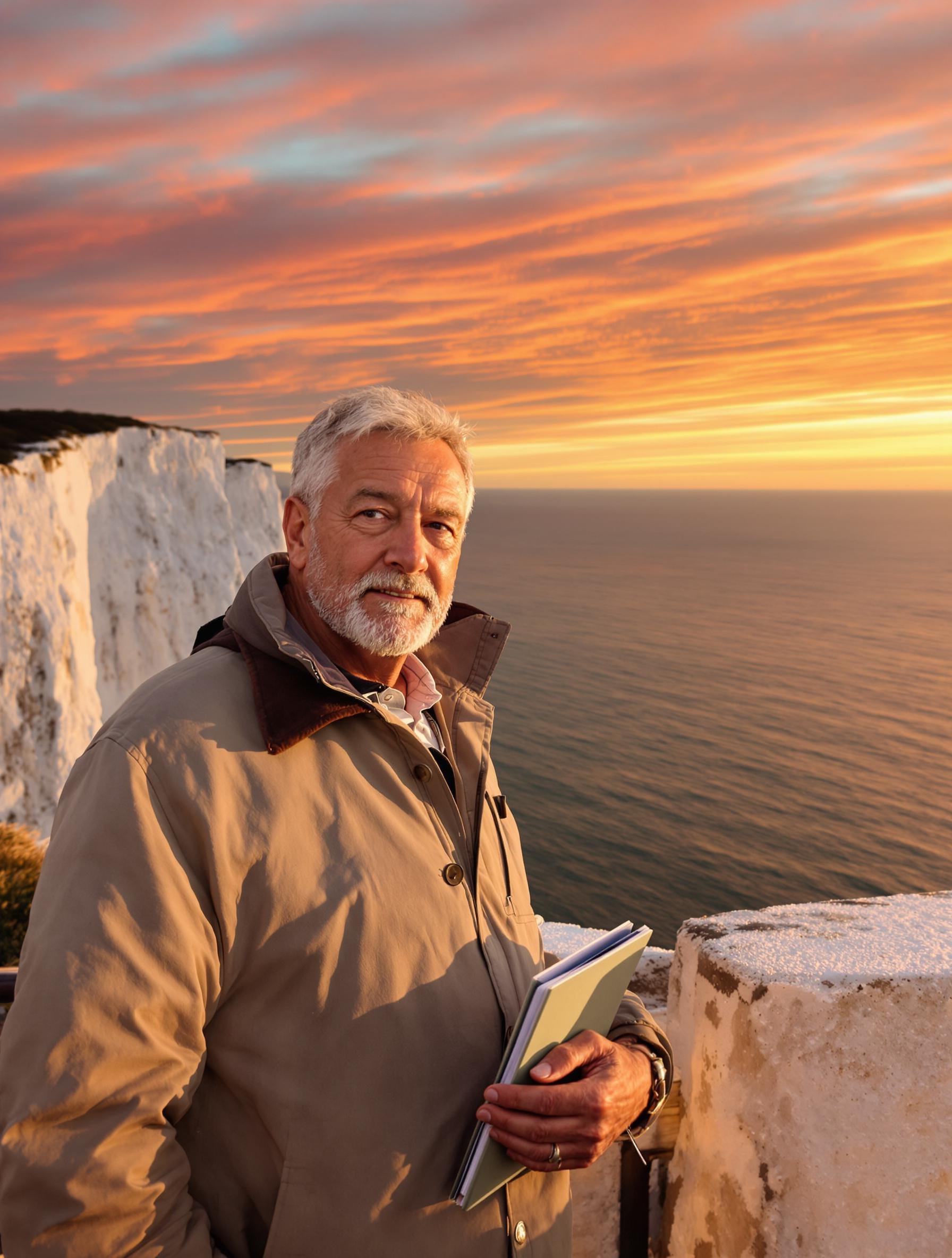 Senior motivé face aux falaises blanches de Douvres au coucher du soleil
