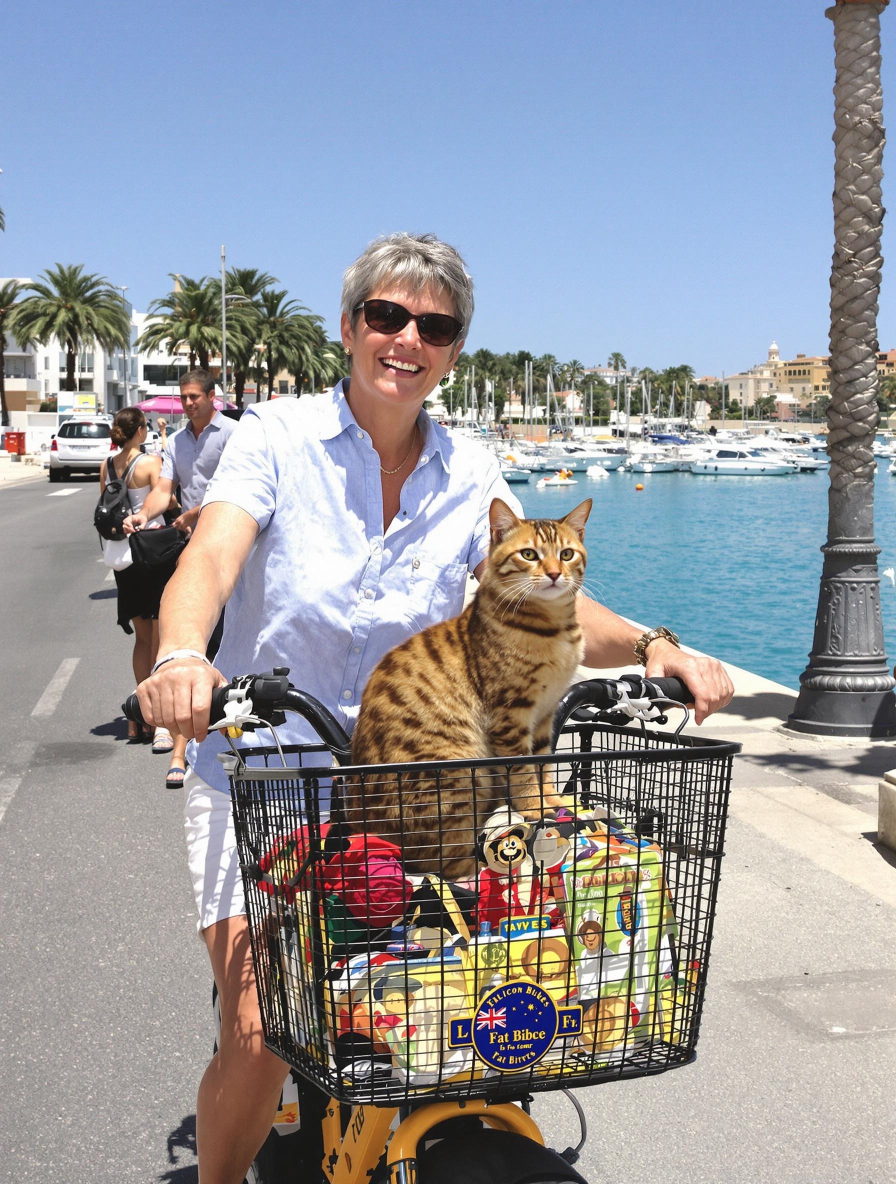senior woman renting a Fat Bike at the La Ciotat seafront, Bengal cat in basket, Mediterranean coast, bright and cheerful scene