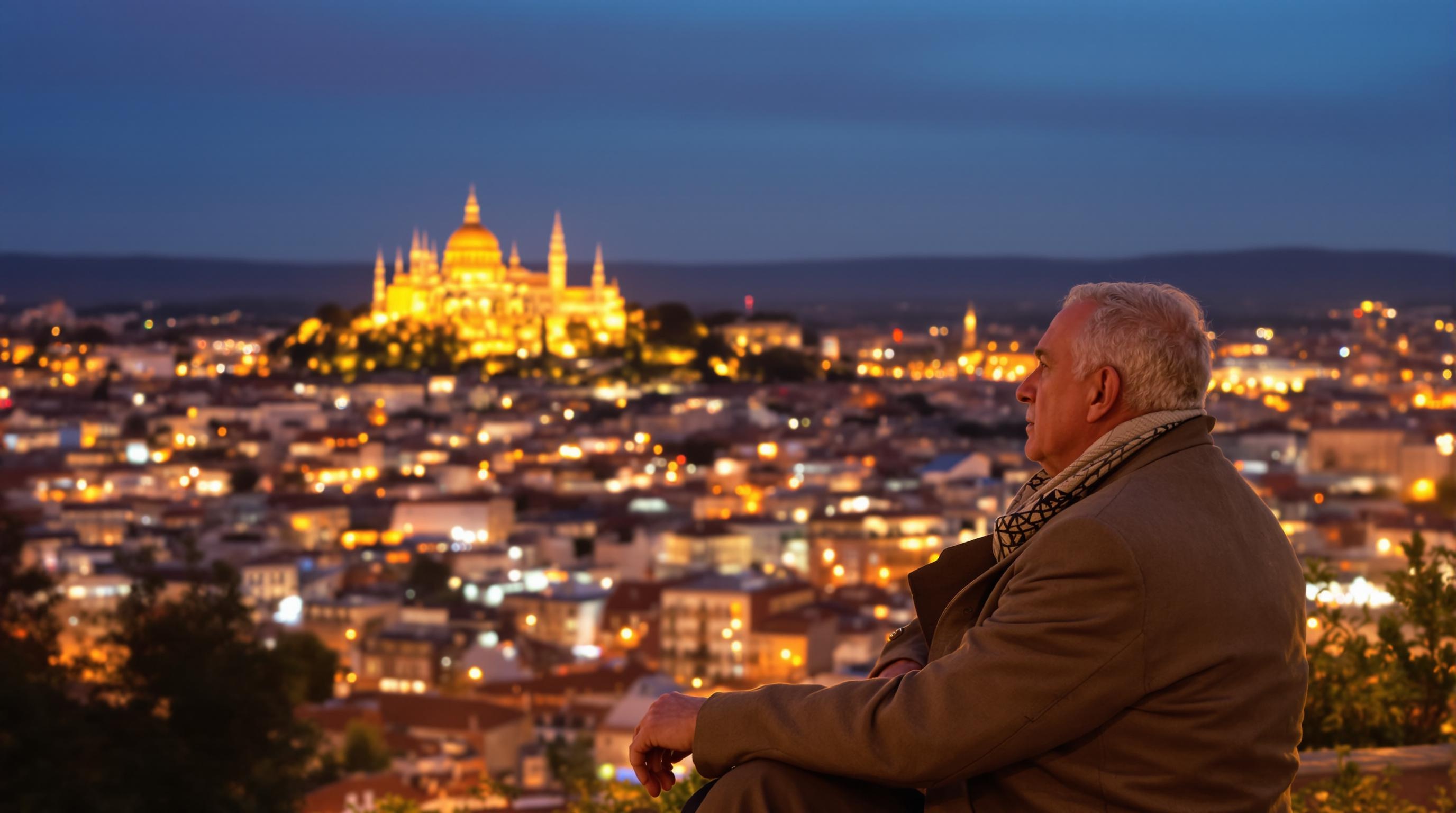 Senior assis sur le Gros Caillou admirant la basilique de Fourvière au crépuscule