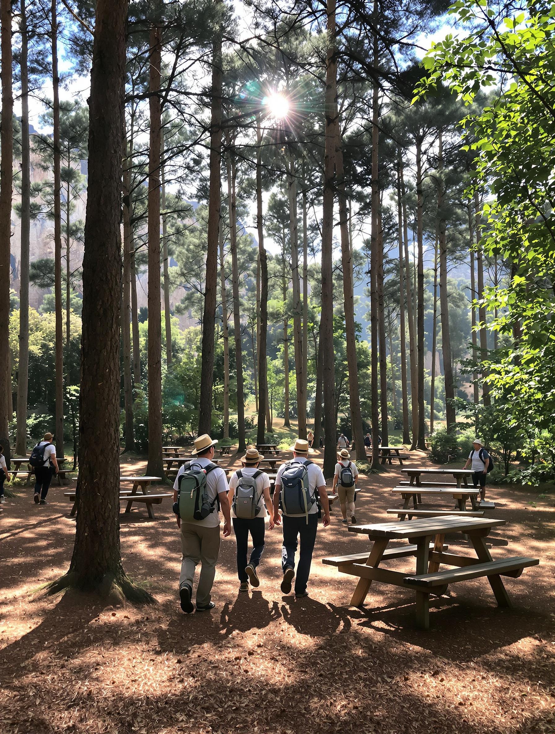 senior hikers walking in the shaded pine woods of Parc du Mugel, picnic tables nearby, Mediterranean light, calm atmosphere, Provence landscape