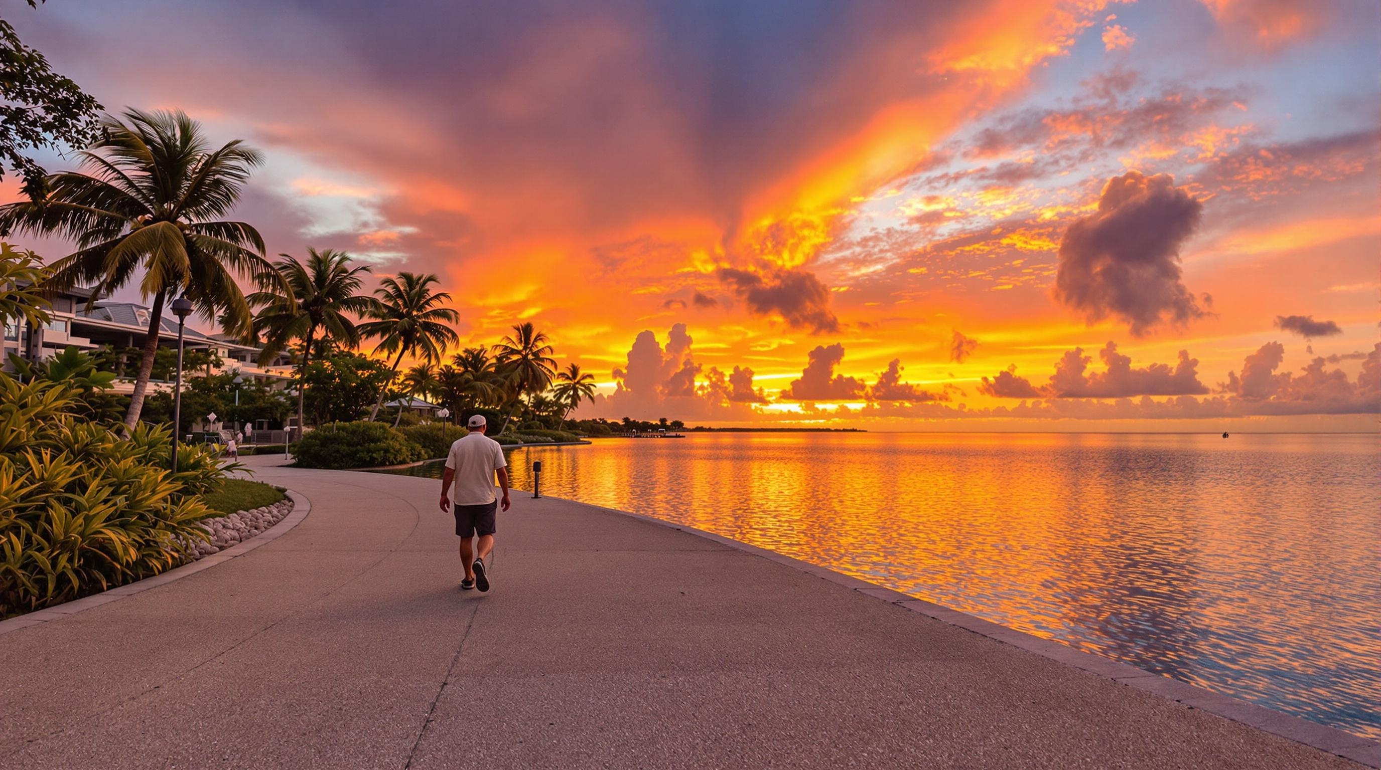 Personne marchant le long du lagon de Cairns au coucher du soleil