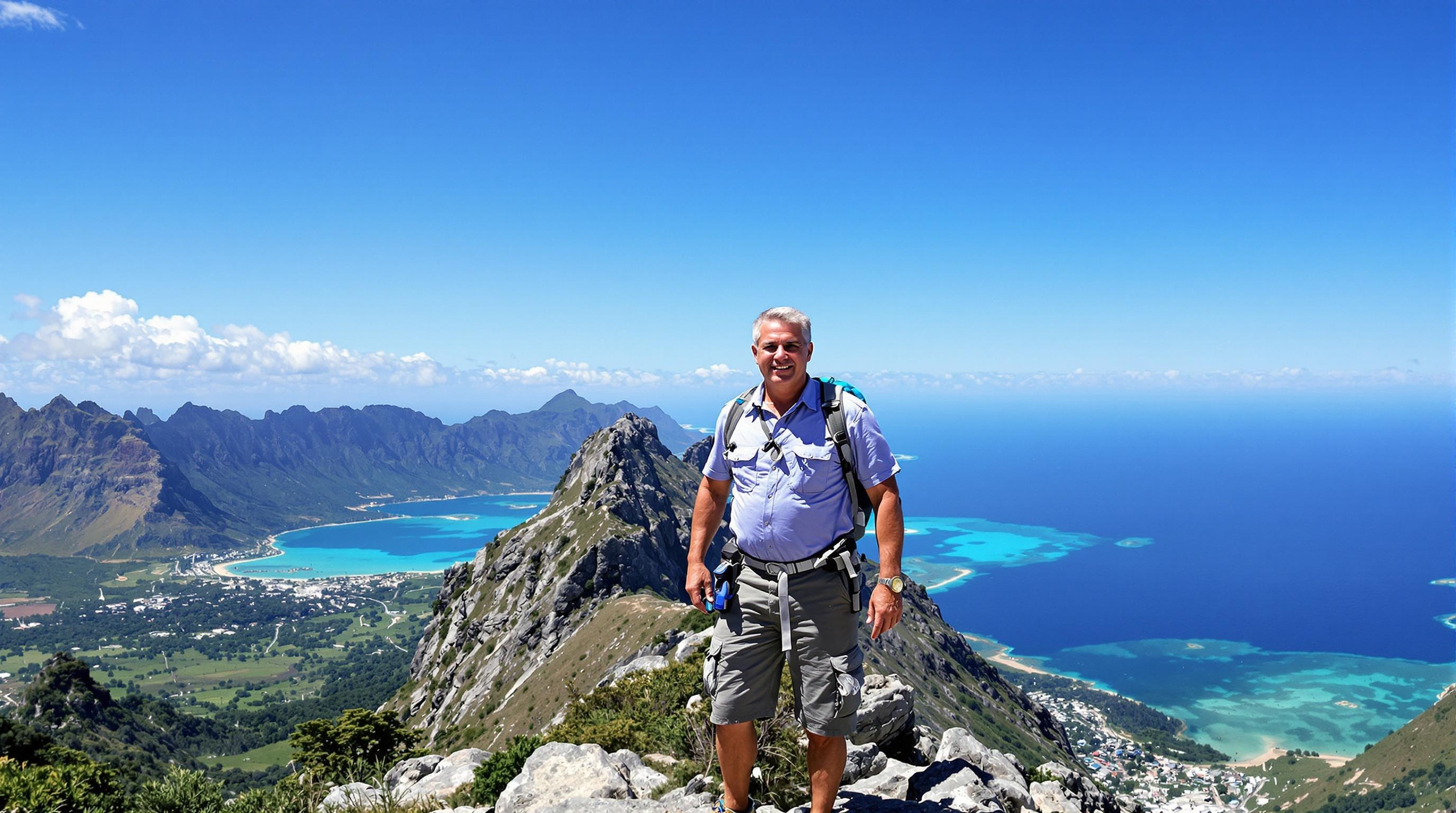 Un senior au sommet du Morne Brabant avec une vue UNESCO