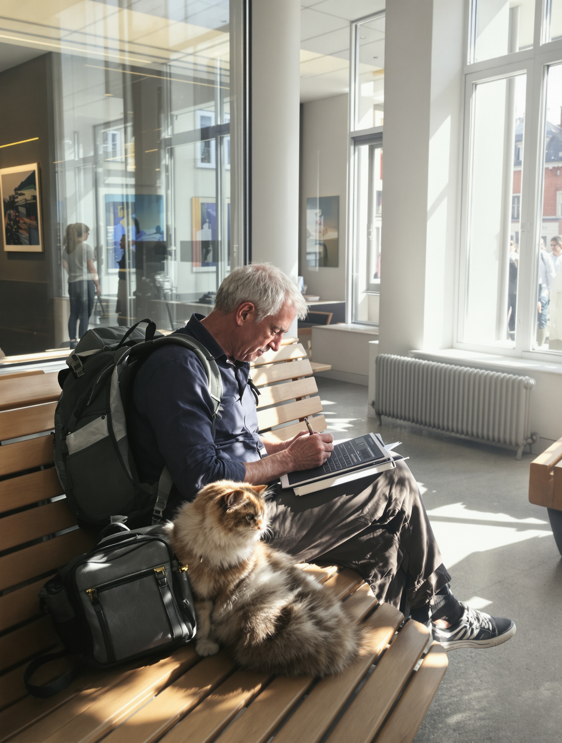 Senior posant sur un banc lumineux de musée à Copenhague, carnet en main et chat Polux à ses côtés.