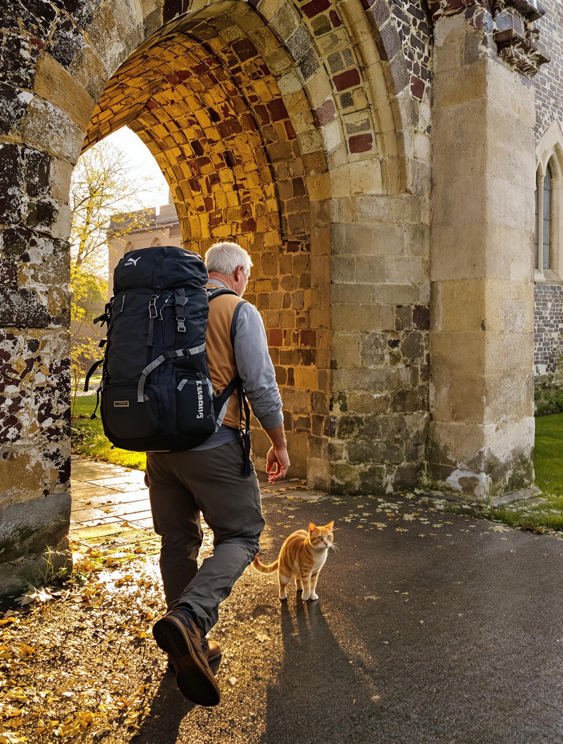 Senior avec un sac à dos et Polux, un chat Bengal, devant le portail d’une abbaye au matin