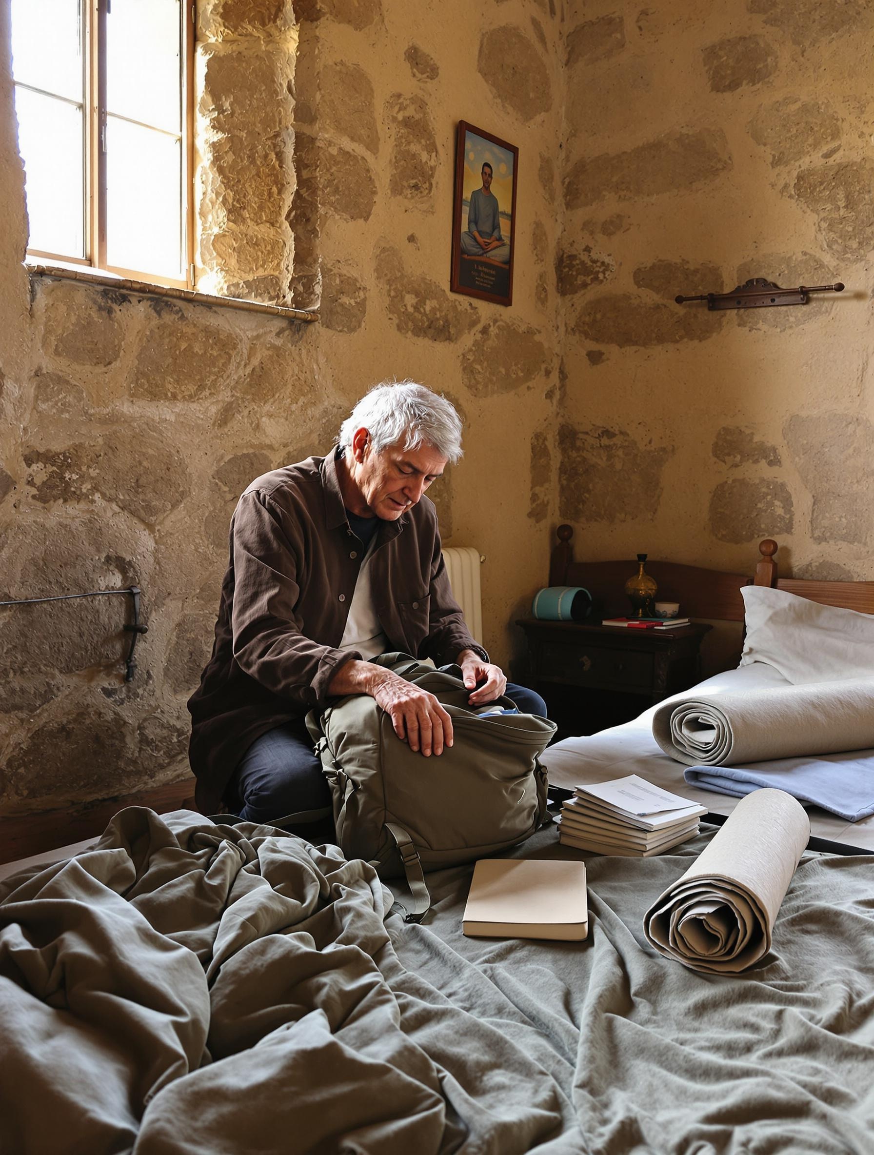 Senior préparant sa retraite spirituelle avec un sac à dos et un carnet de méditation