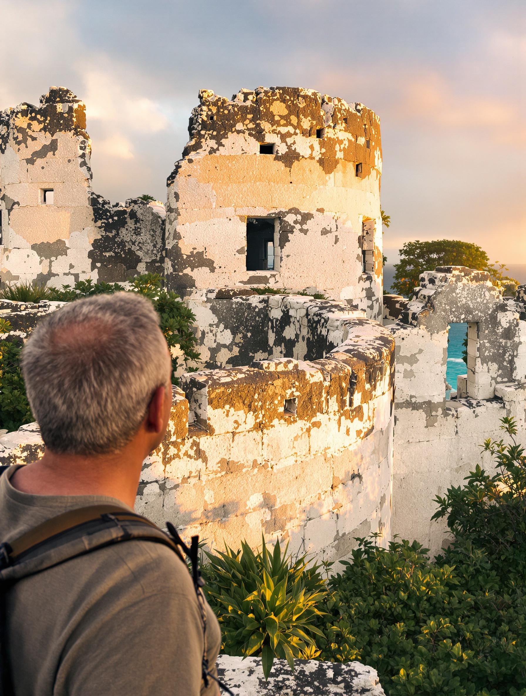 Senior contemplant El Castillo de Tulum à l’aube, fresques colorées.