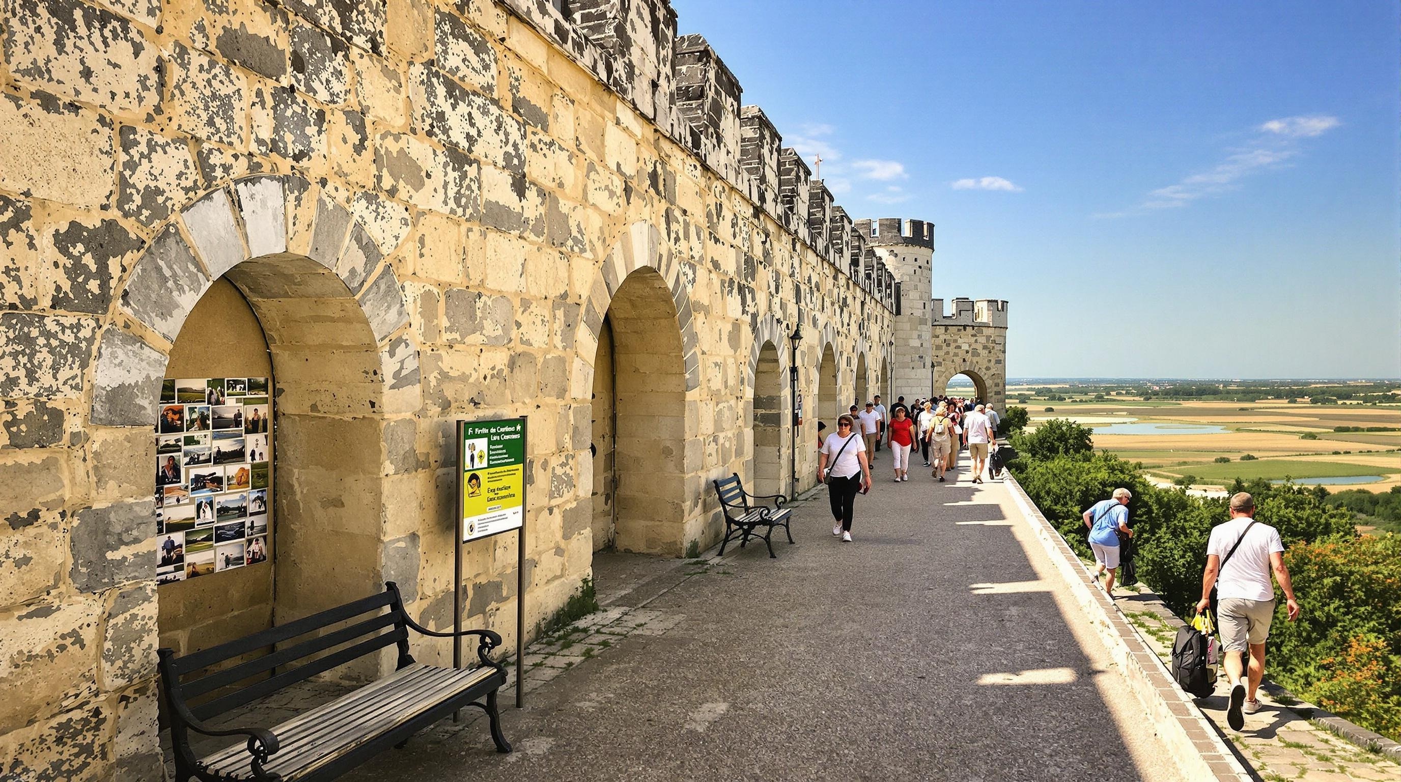 Remparts d'Aigues-Mortes, vue pour seniors avec bancs et Camargue en arrière-plan