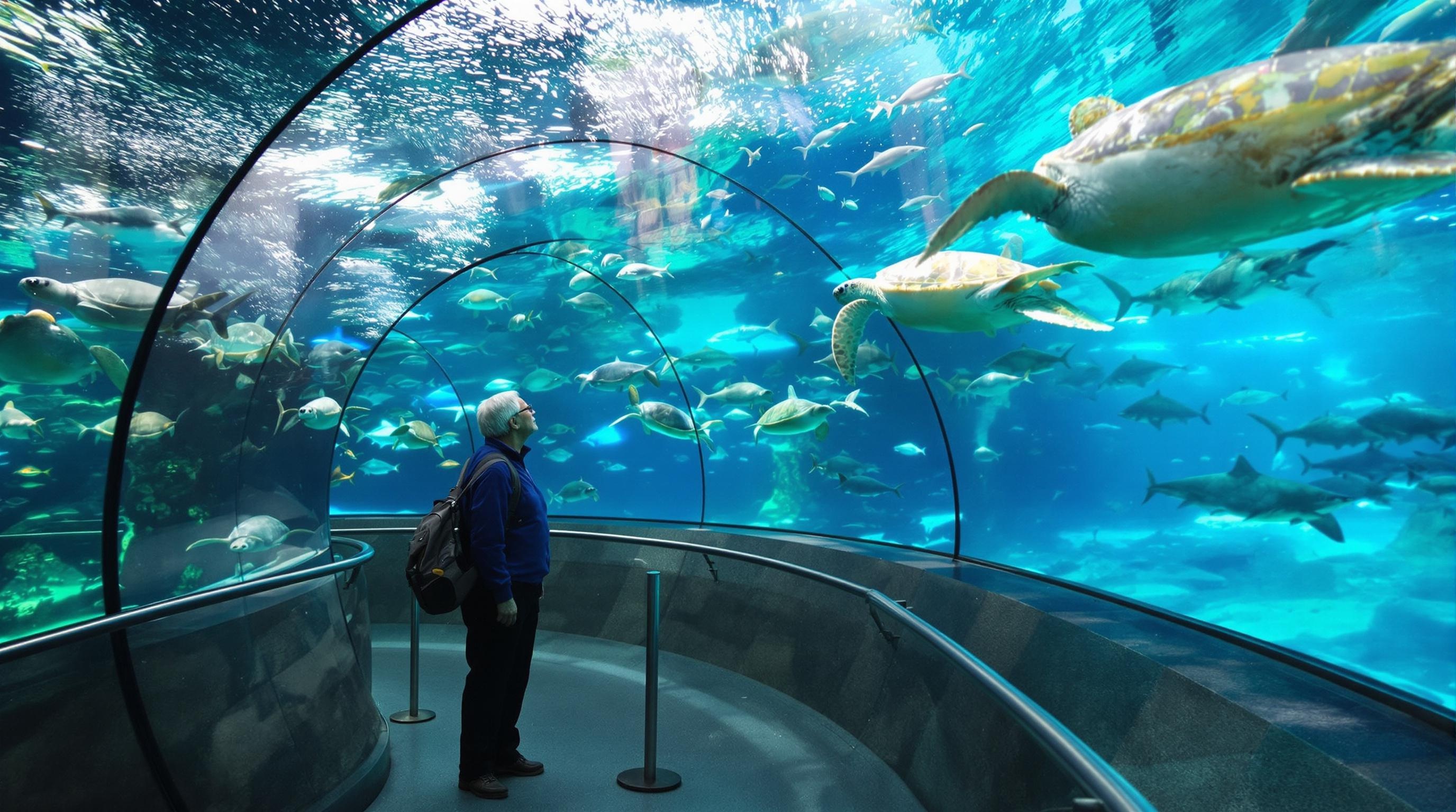 Senior observant tortues marines et requins dans le tunnel vitré du Seaquarium