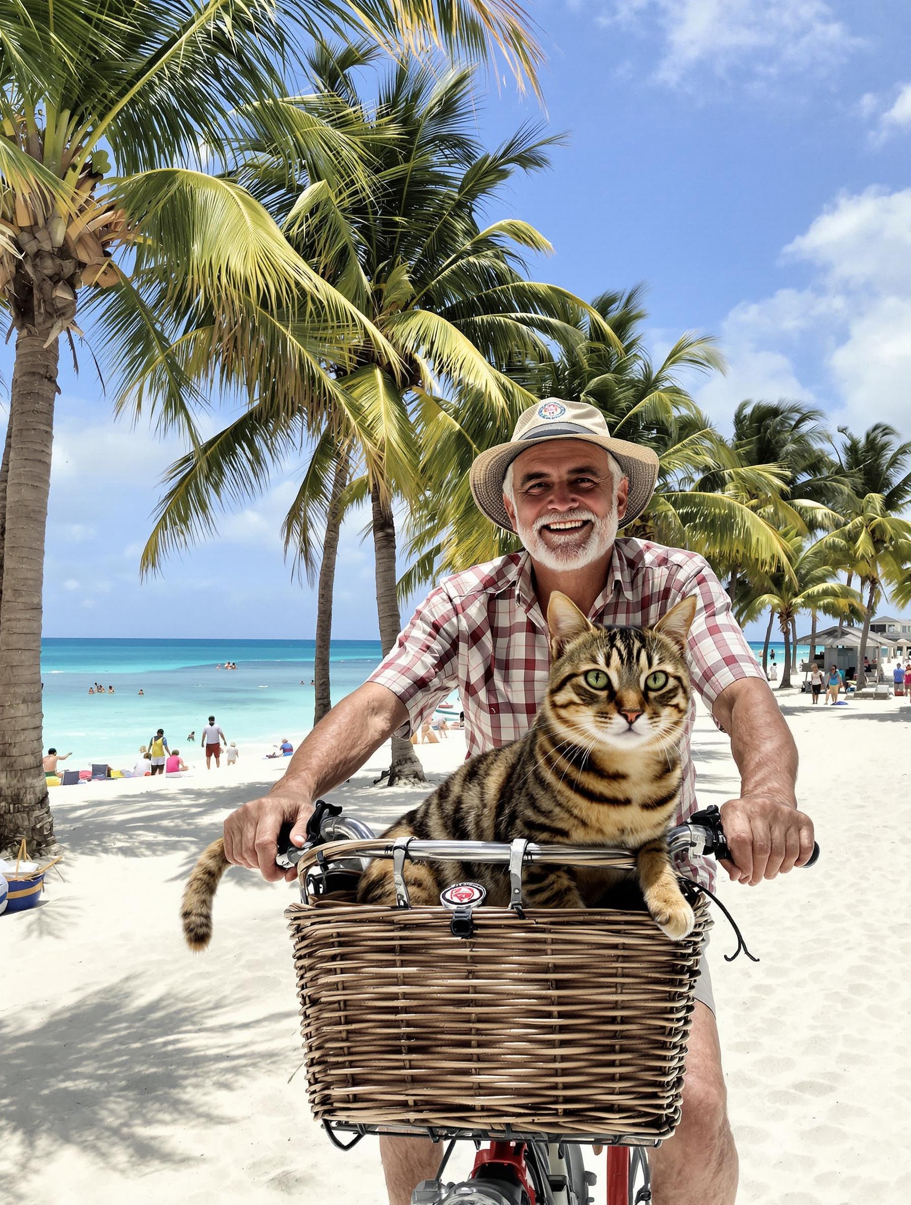senior sourire vélo plage tulum polux chat bengal