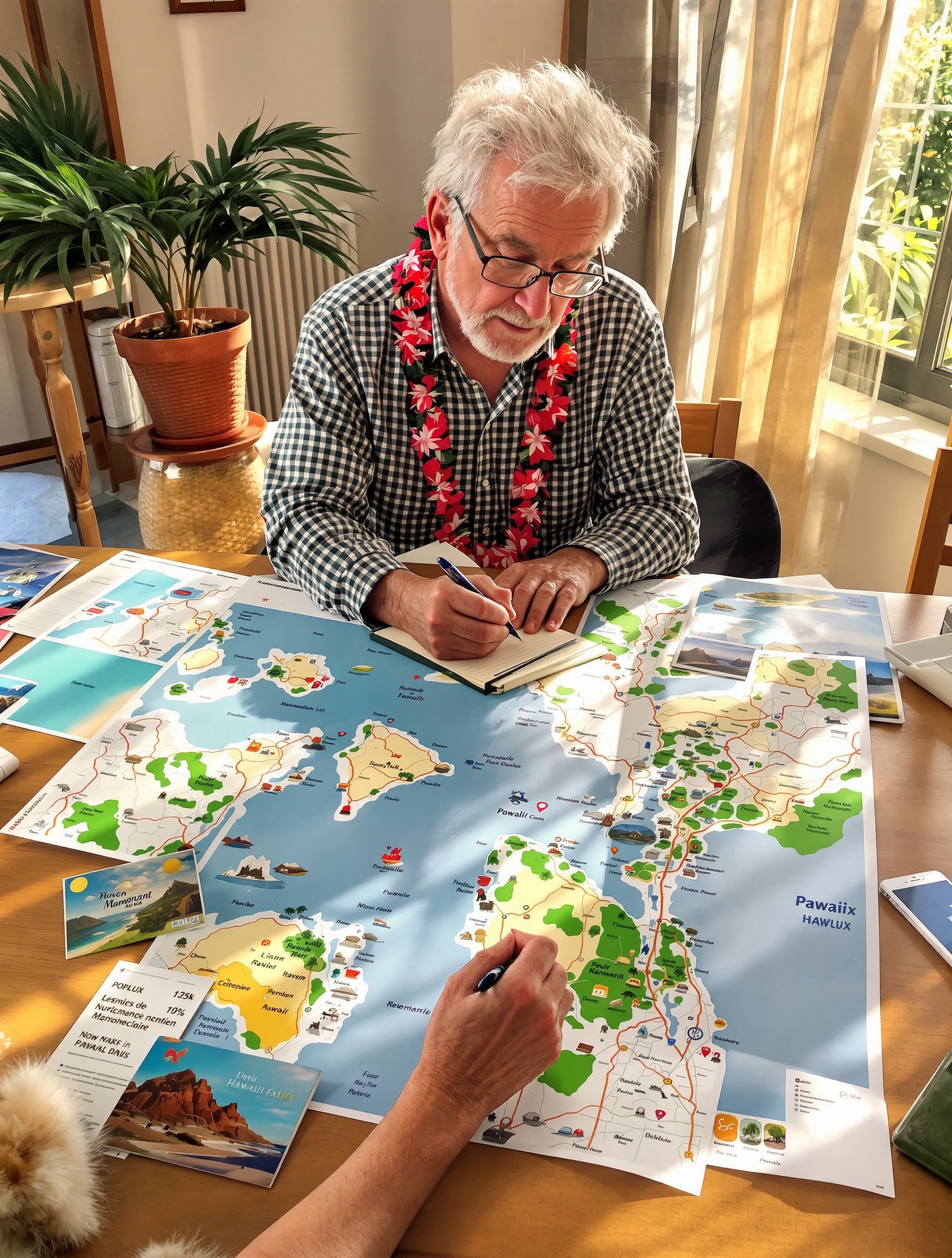 Un senior planifiant un itinéraire à Hawaï avec des cartes et Polux