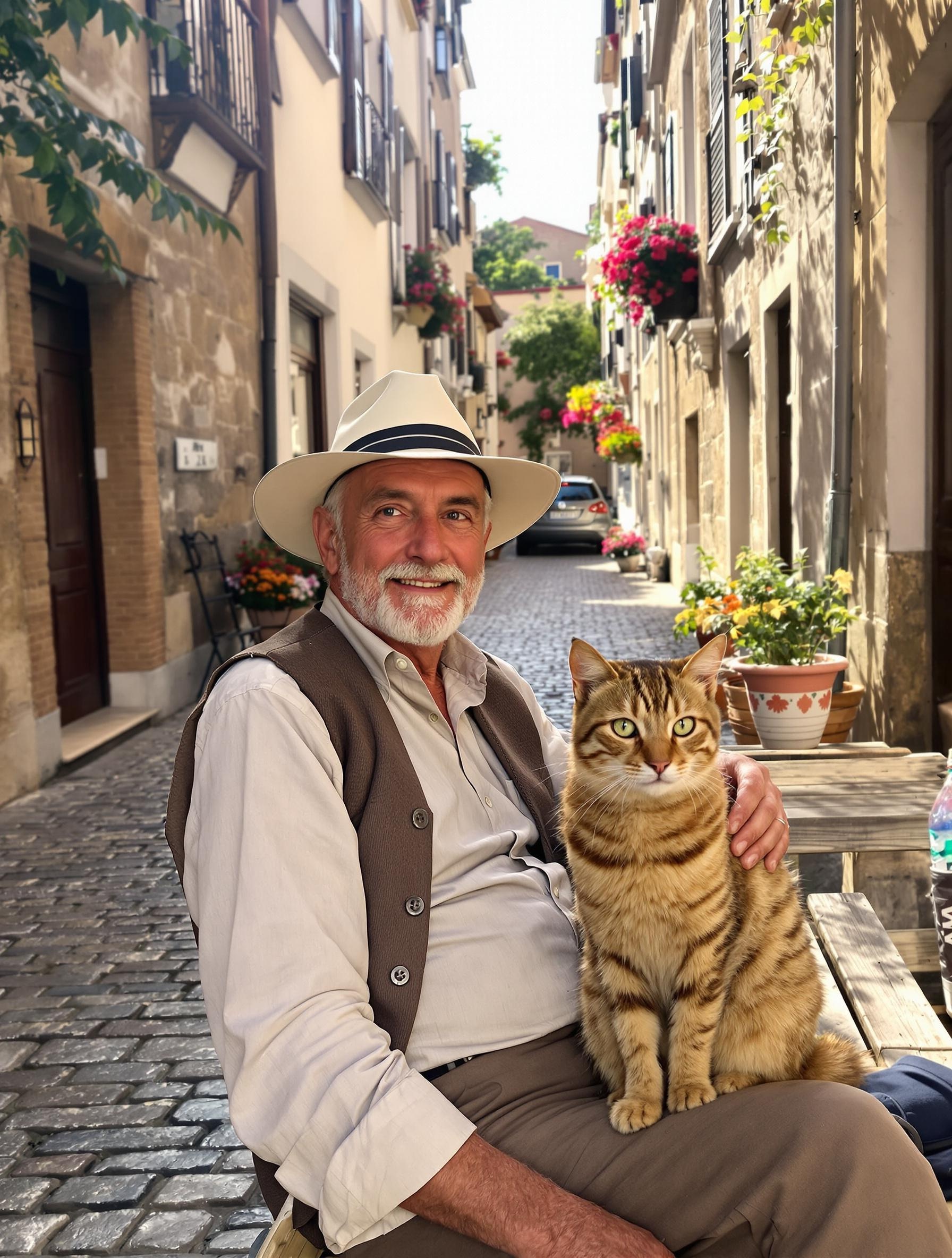 Un senior voyageur accompagné de Polux le chat Bengal dans un village pittoresque européen.