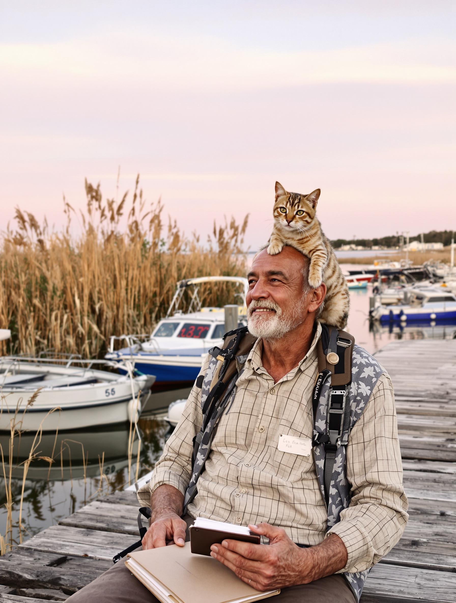 Senior et chat Bengal profitant du calme d’un quai camarguais en soirée