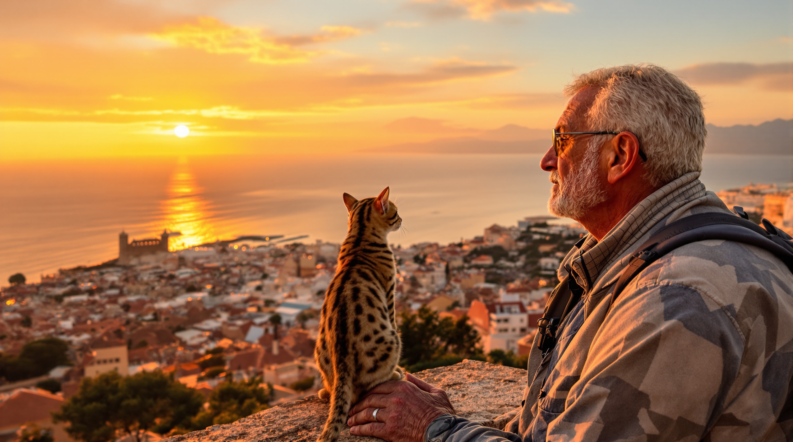 Voyageur senior et chat Bengal admirant le panorama de Ceuta au crépuscule