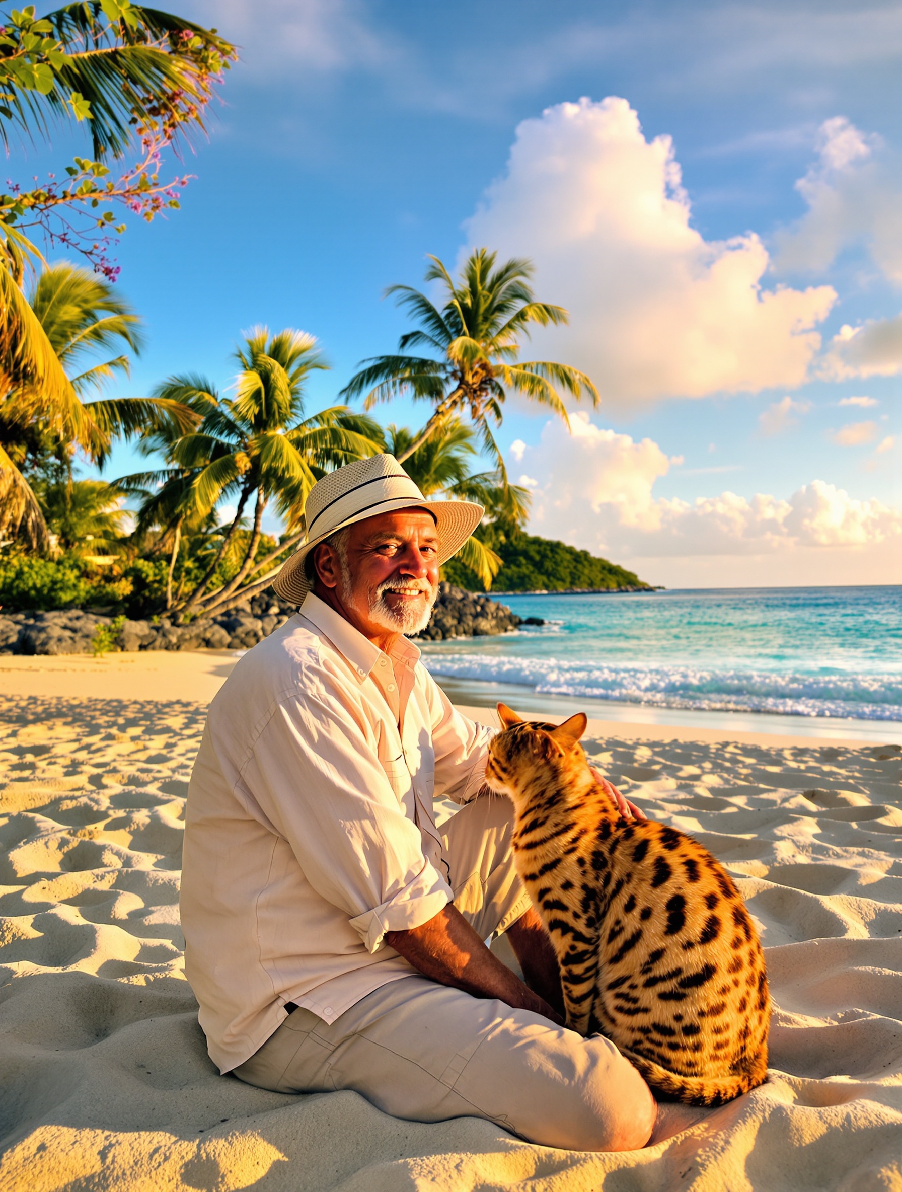 Senior baroudeur et chat Bengal regardant le coucher de soleil sur une plage martiniquaise.