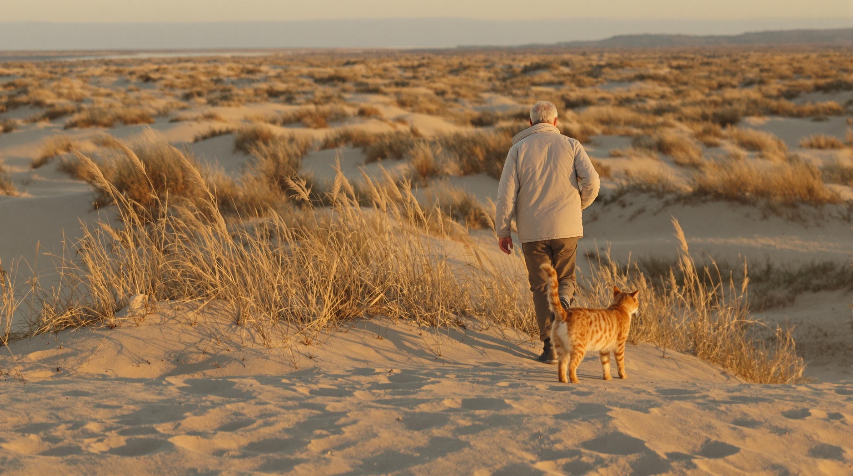 Voyageur senior avec chat Bengal sur les dunes désertes de l’Espiguette