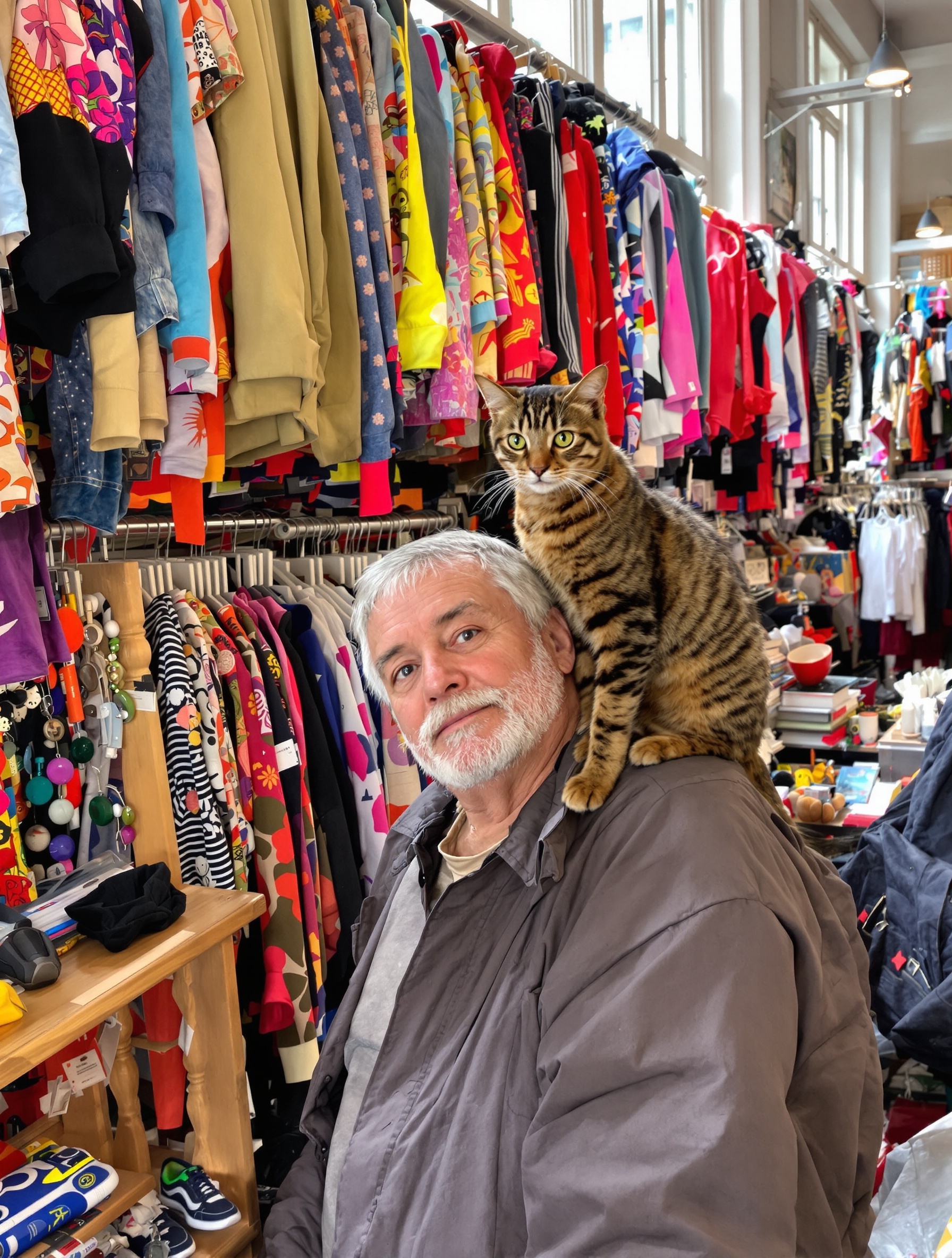 Senior baroudeur accompagné de son chat Bengal chinent dans une kringloopwinkel authentique d'Amsterdam Noord.