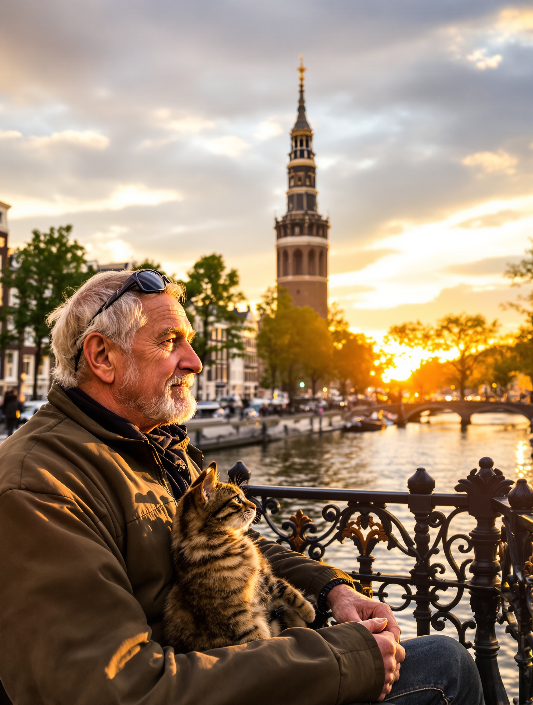 Senior assis avec son chat Bengal devant la Munttoren au coucher du soleil, atmosphère émotive.