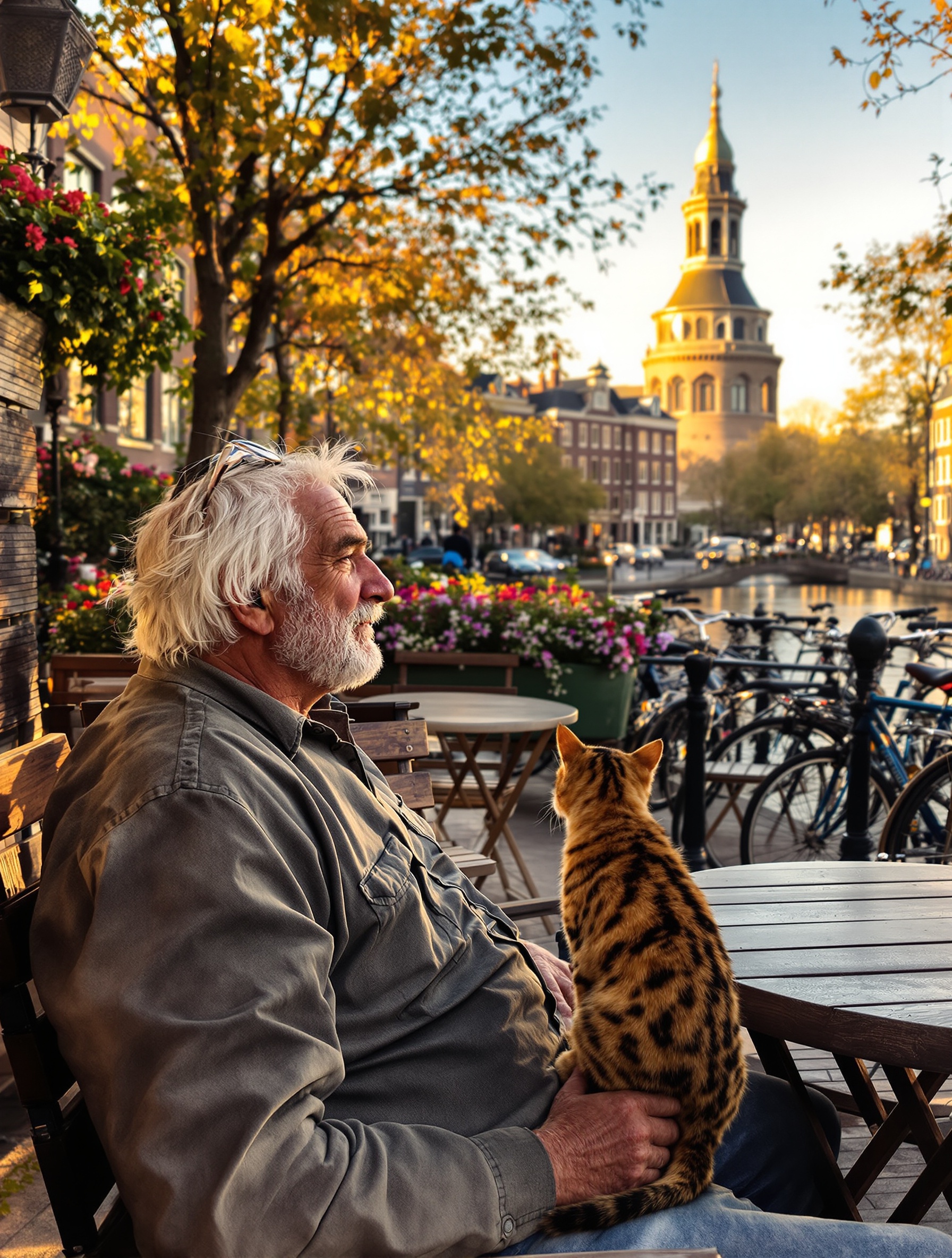 Voyageur senior et chat Bengal face à la Munttoren à Amsterdam