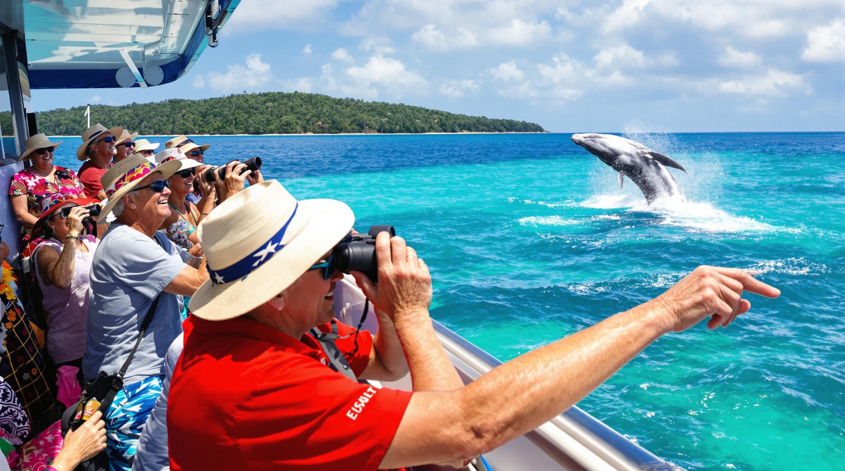 Groupe observant une baleine Minke près de Cairns avec un guide aborigène