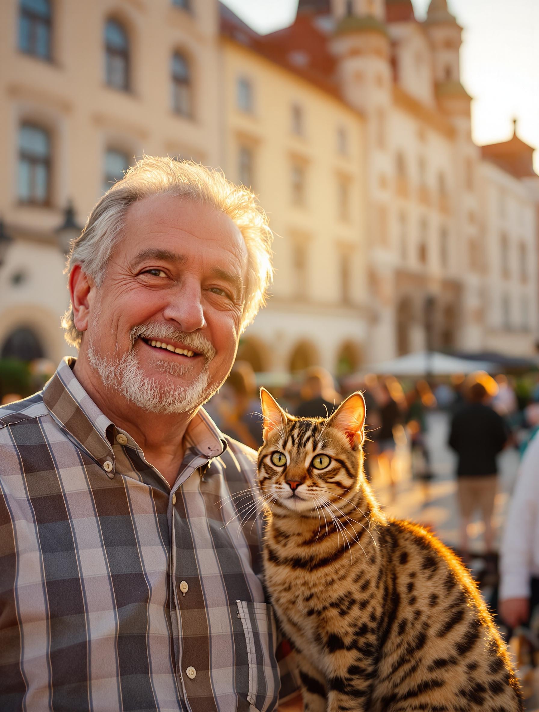 Seniors souriants sur une place à Cracovie au coucher du soleil
