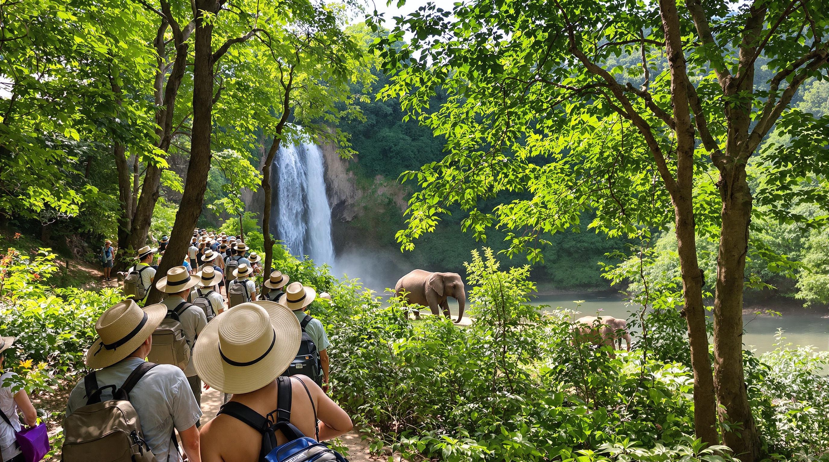 Seniors sur sentier ombragé près de la cascade Haew Narok, Khao Yai.