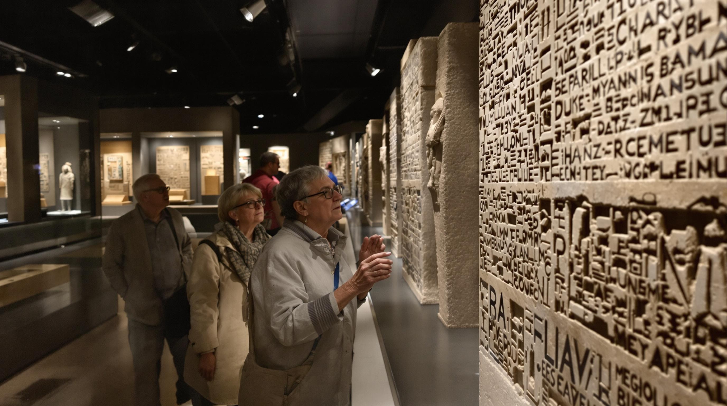 Seniors découvrant des artefacts égyptiens et déchiffrant des hiéroglyphes dans le Musée Égyptologique de Turin