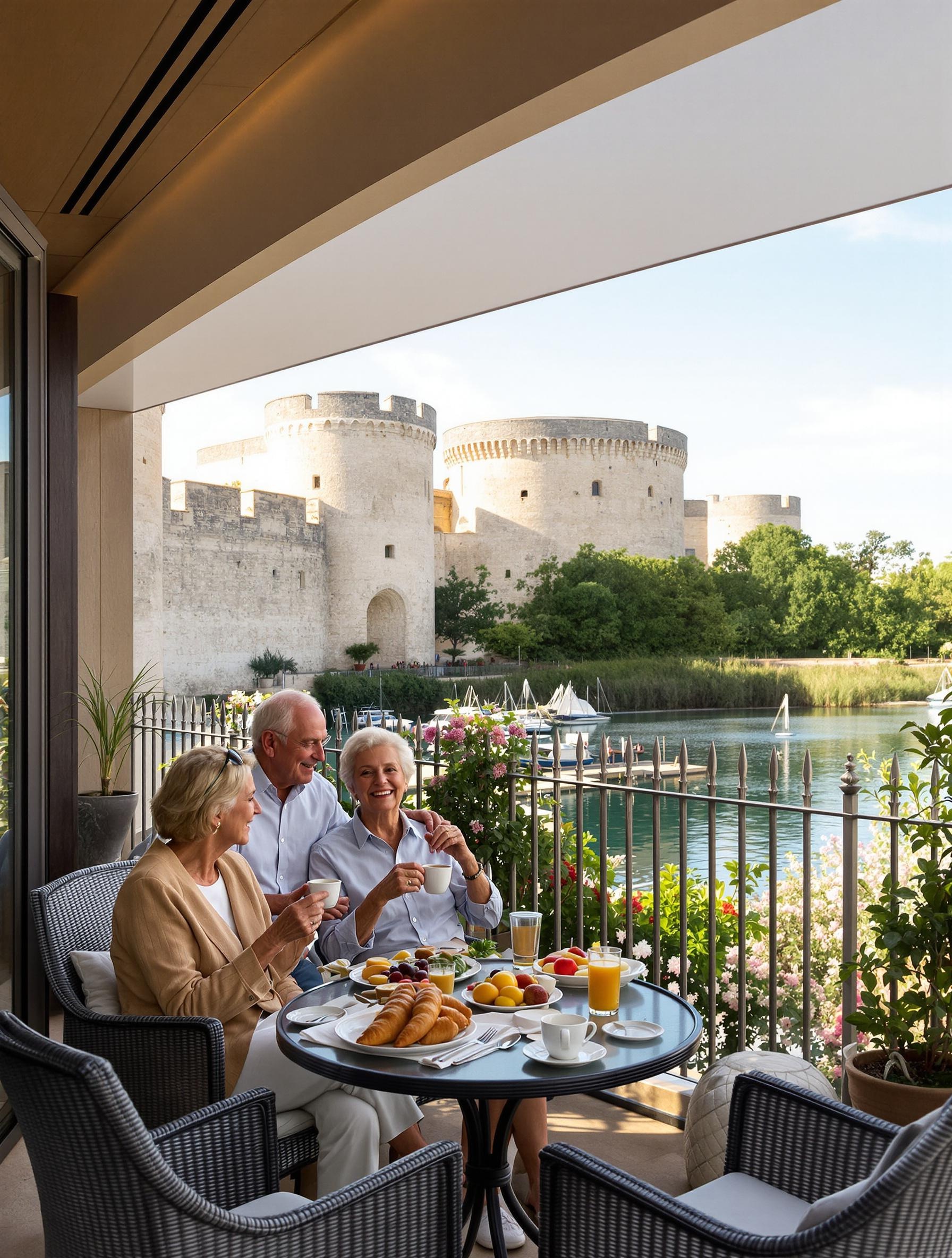 Petit-déjeuner sur le balcon d'un hôtel climatisé face aux remparts d'Aigues-Mortes