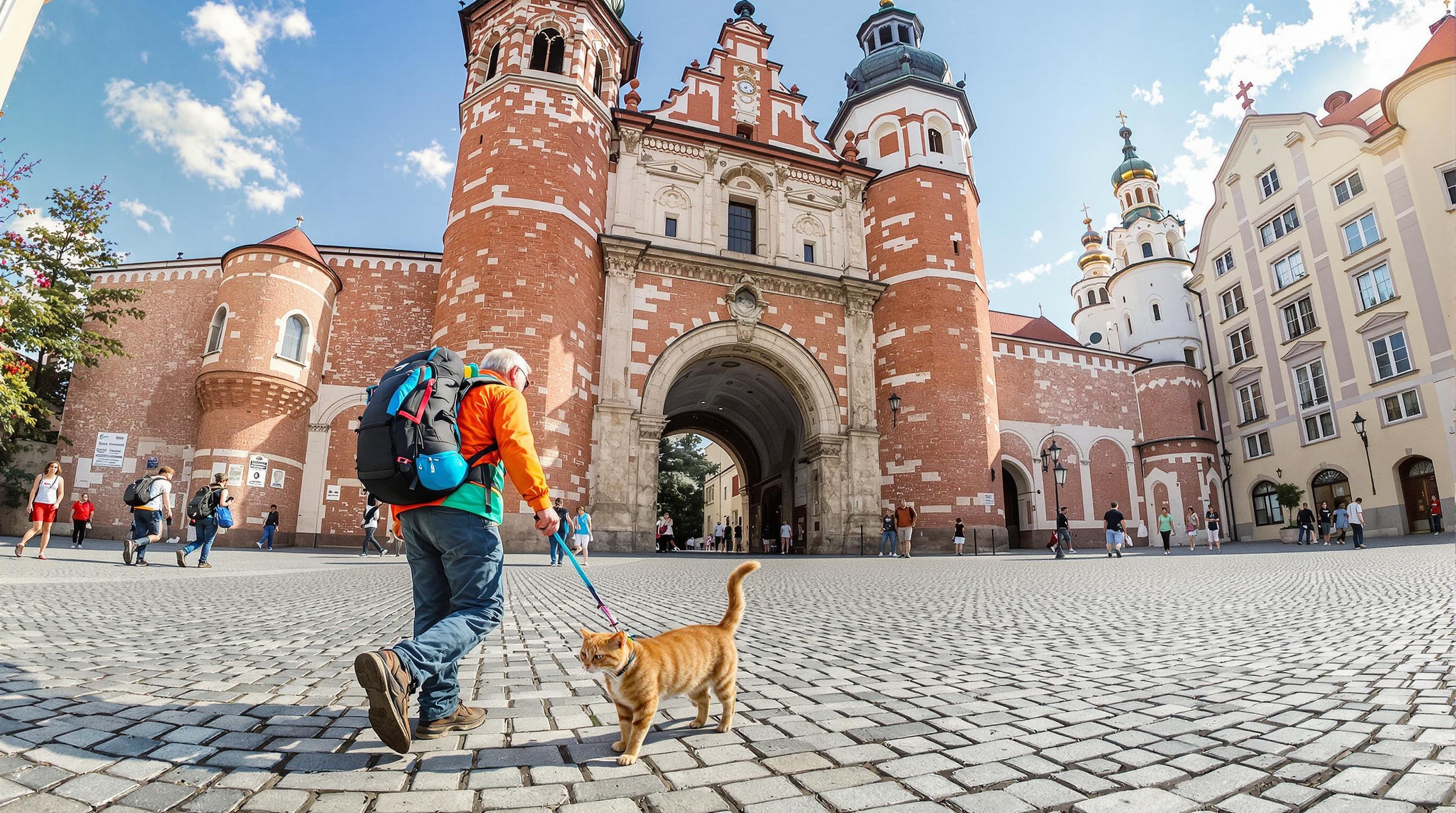 Seniors sur la Voie Royale porte Saint-Florian Polux chat Bengal Cracovie