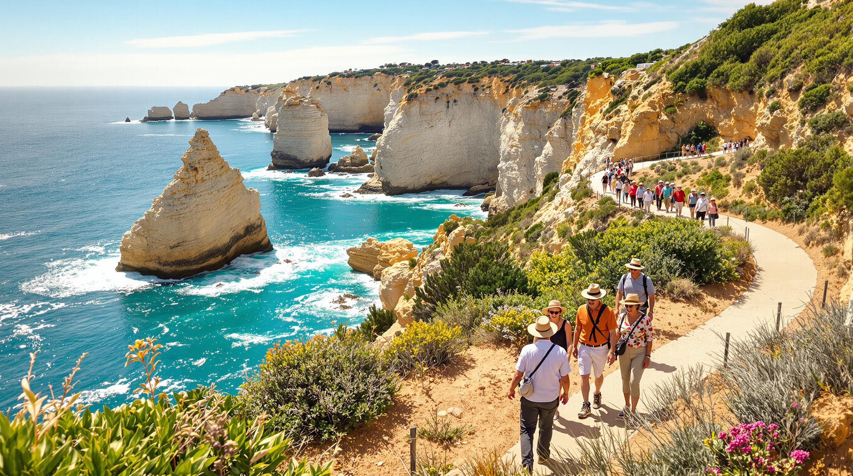 Seniors marchant sur un sentier côtier avec vue sur les falaises de l’Algarve