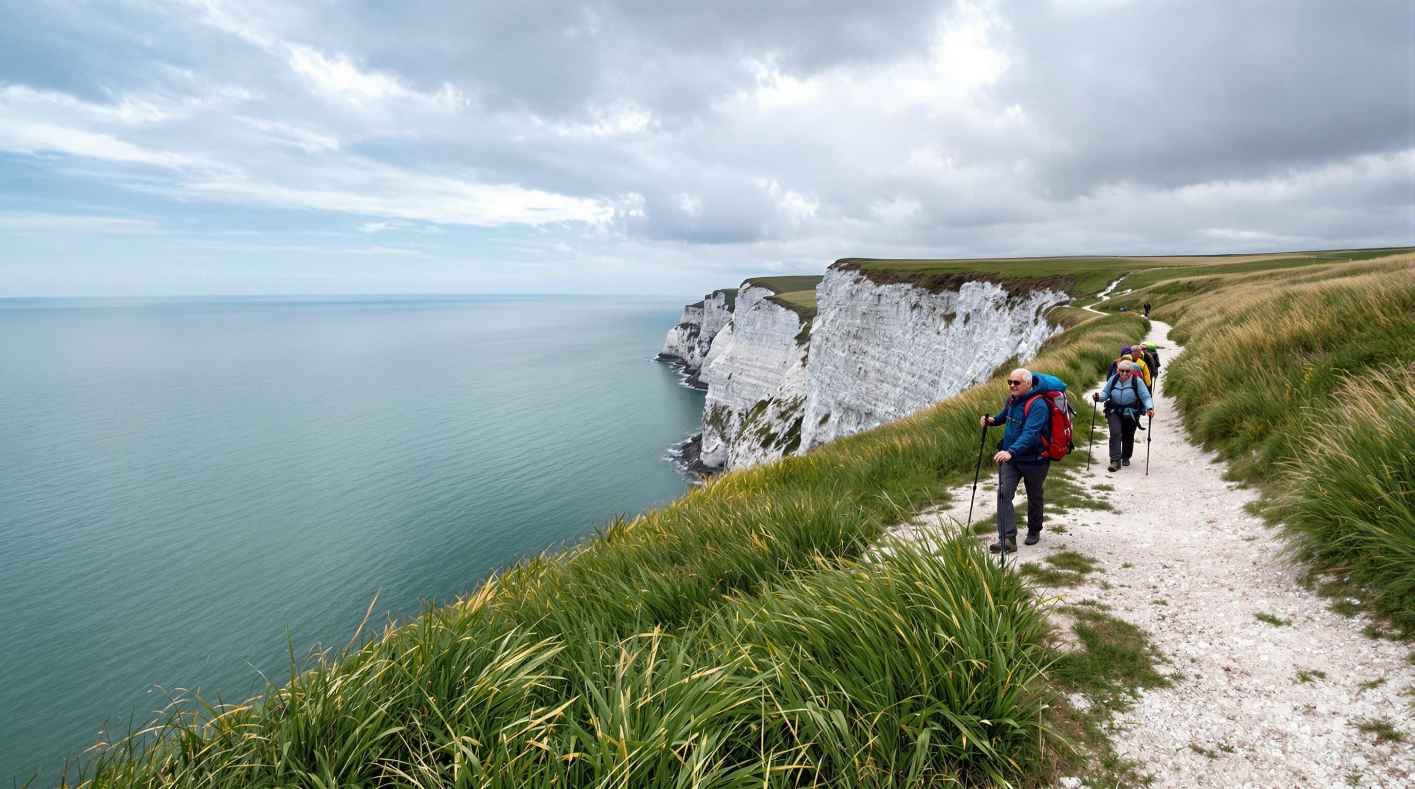 Sentier en crête avec randonneurs seniors face aux falaises blanches de Douvres