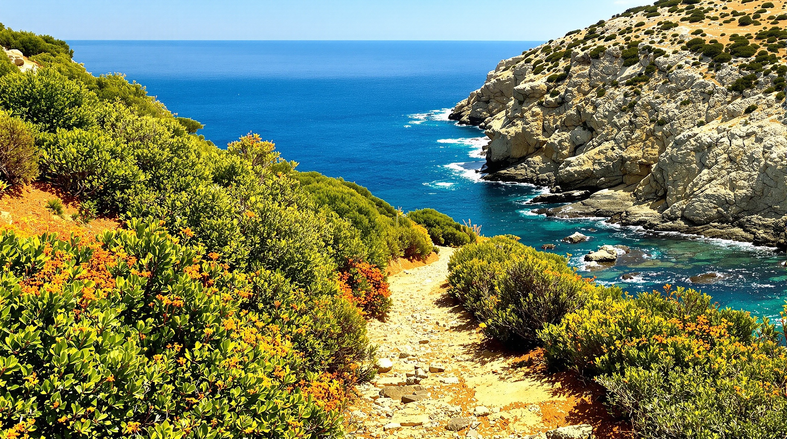 Le sentier des douaniers sinuant sur la côte entre Tamarone et Cala Genovese, avec une vue imprenable sur le maquis et la mer.