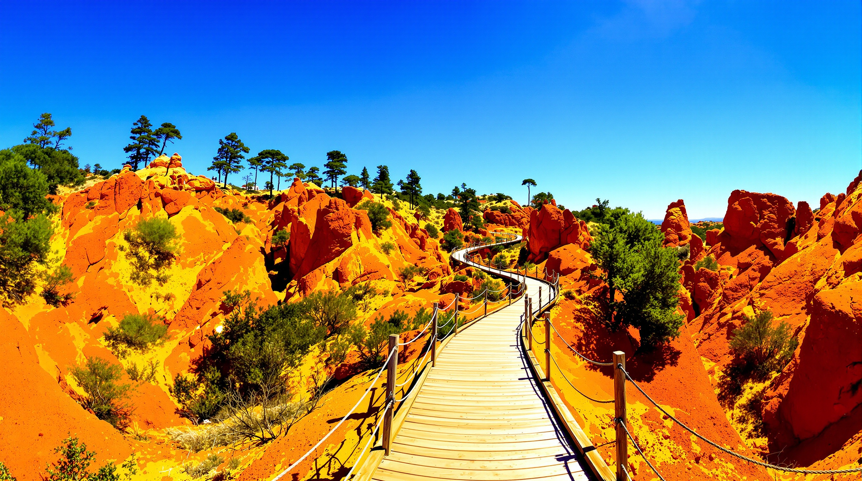 Le sentier aménagé serpentant à travers les formations d'ocre aux couleurs flamboyantes de Roussillon, sous un ciel bleu provençal.